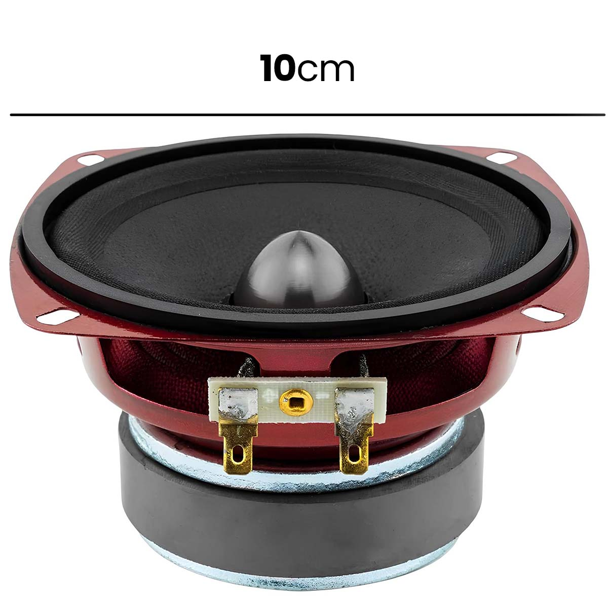 Ein 10cm Lautsprecher mit rotem Rahmen und schwarzem Kegel.
