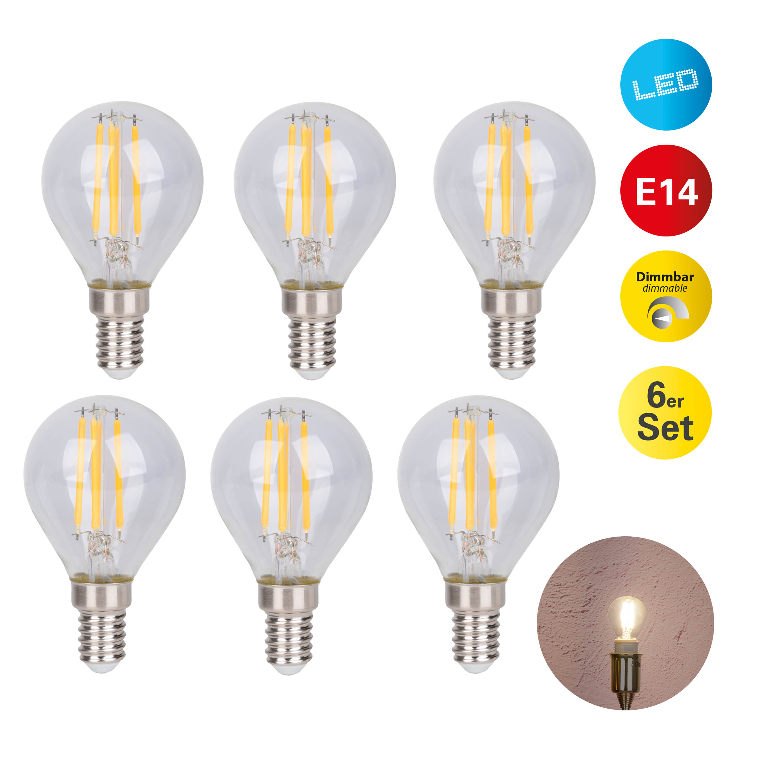 Sechs LED-Lampen mit E14-Sockel, dimmbar, im Set.