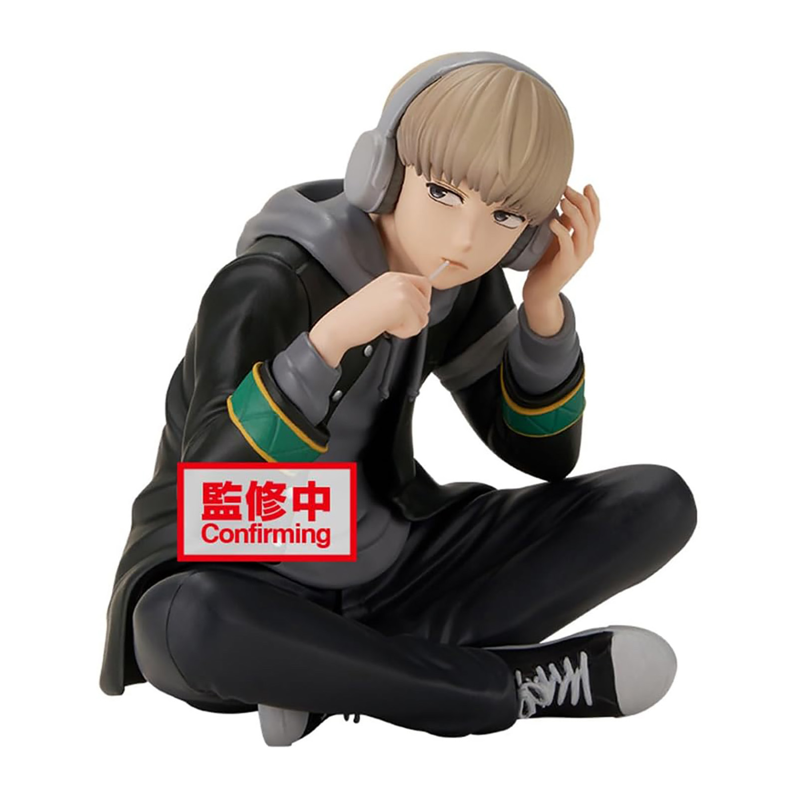 Anime-Figur eines Jungen mit Kopfhörern, der auf dem Boden sitzt und einen Lolli hält.