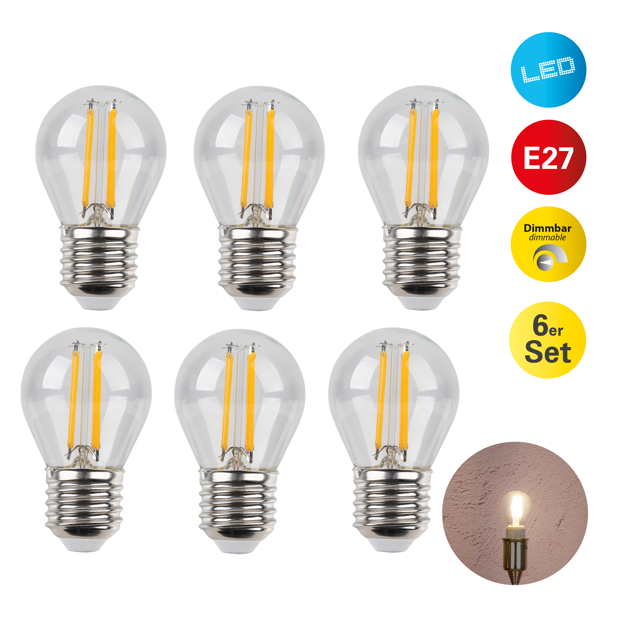 Sechs klare LED-Filament-Glühbirnen mit E27-Sockel.