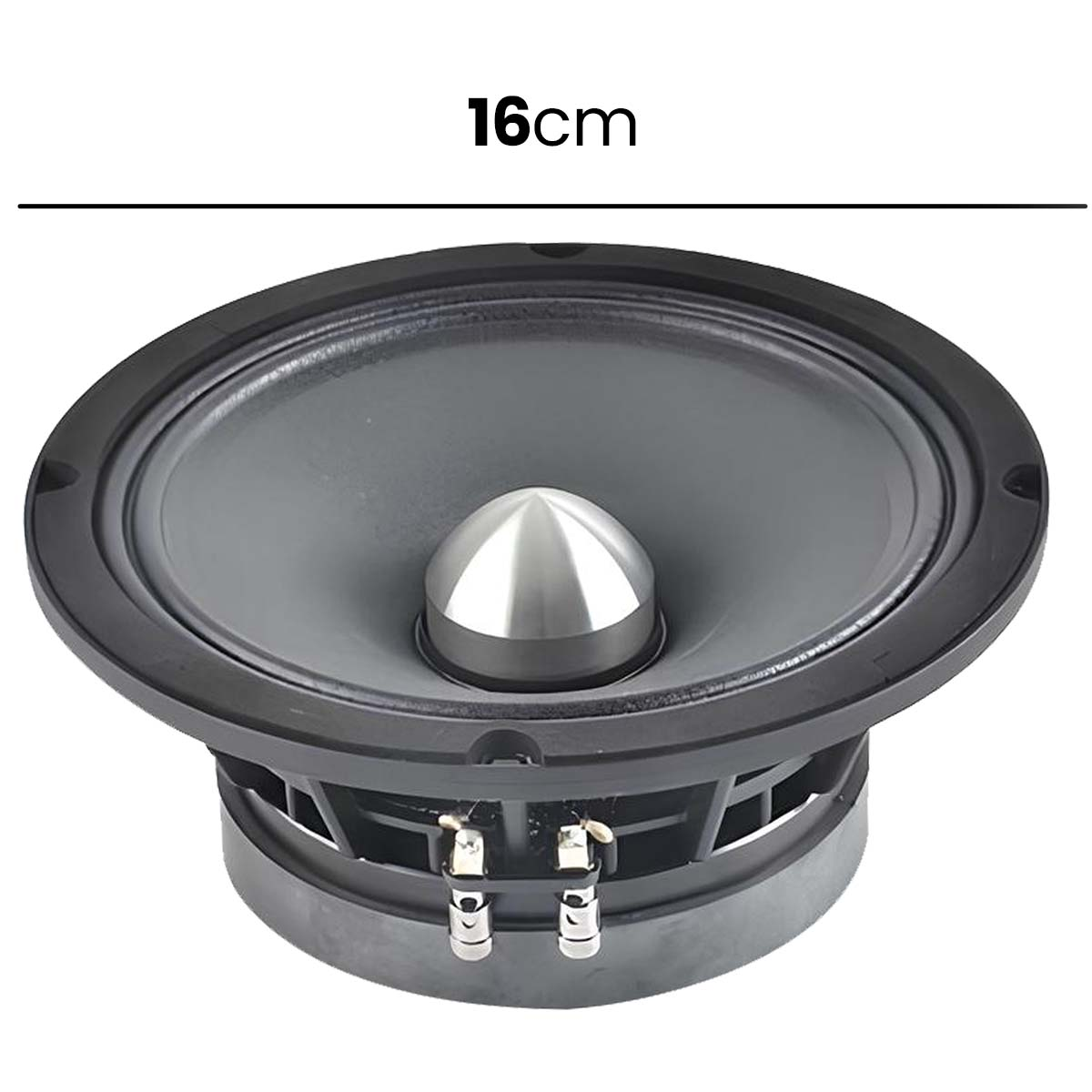 Ein 16cm Lautsprecher mit silberner Kalotte und schwarzem Korb.