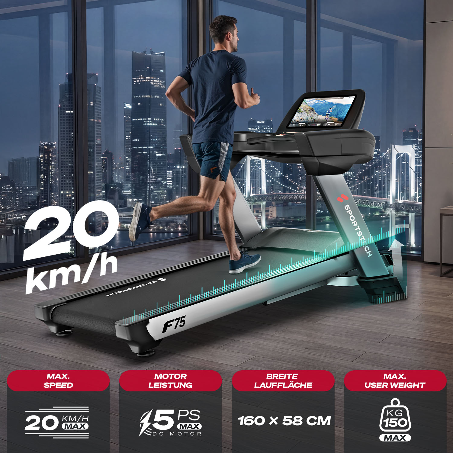 Mann läuft auf Laufband mit Stadtpanorama im Hintergrund. Max. Geschwindigkeit 20 km/h.