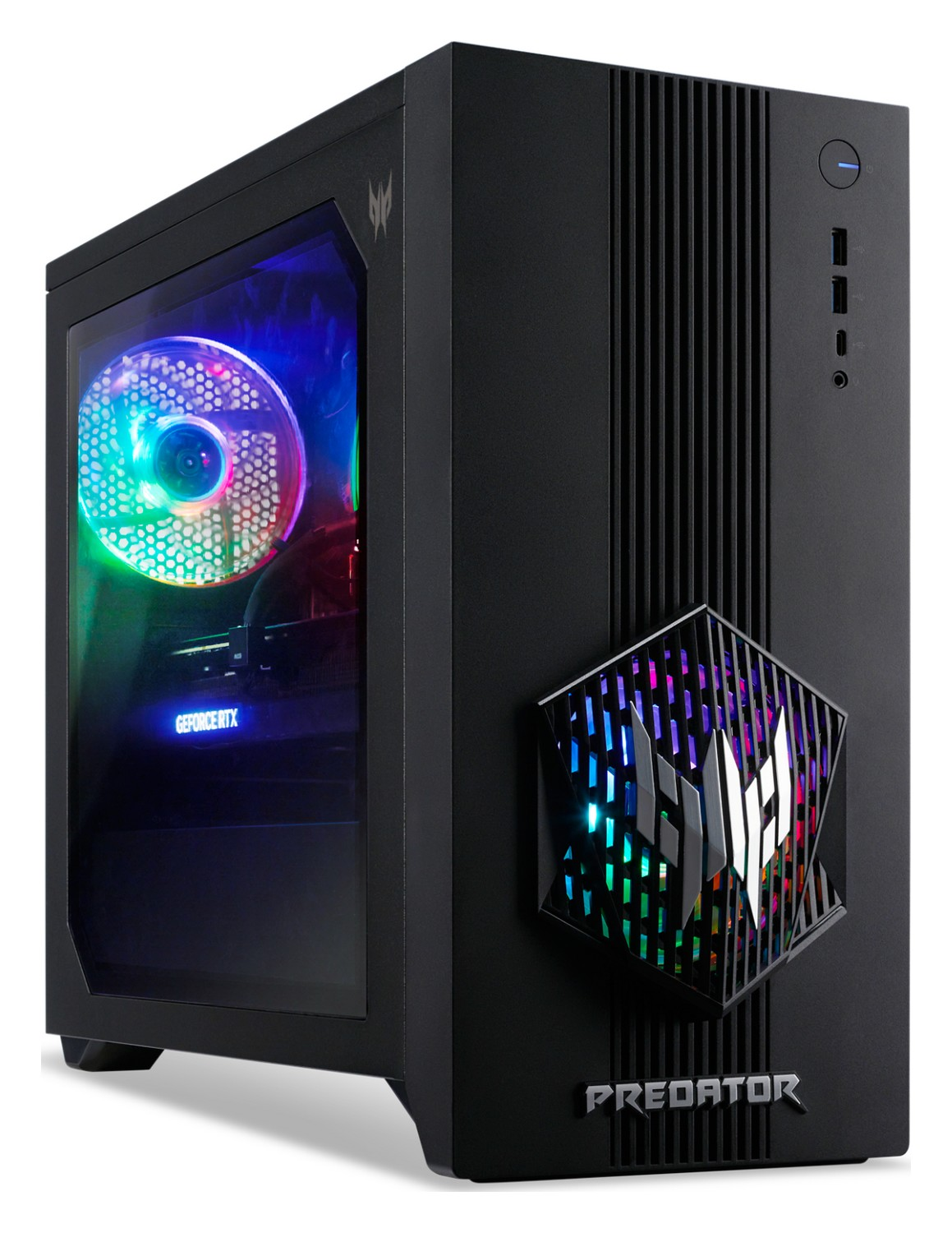 PC gaming nero con ventola e logo illuminati.