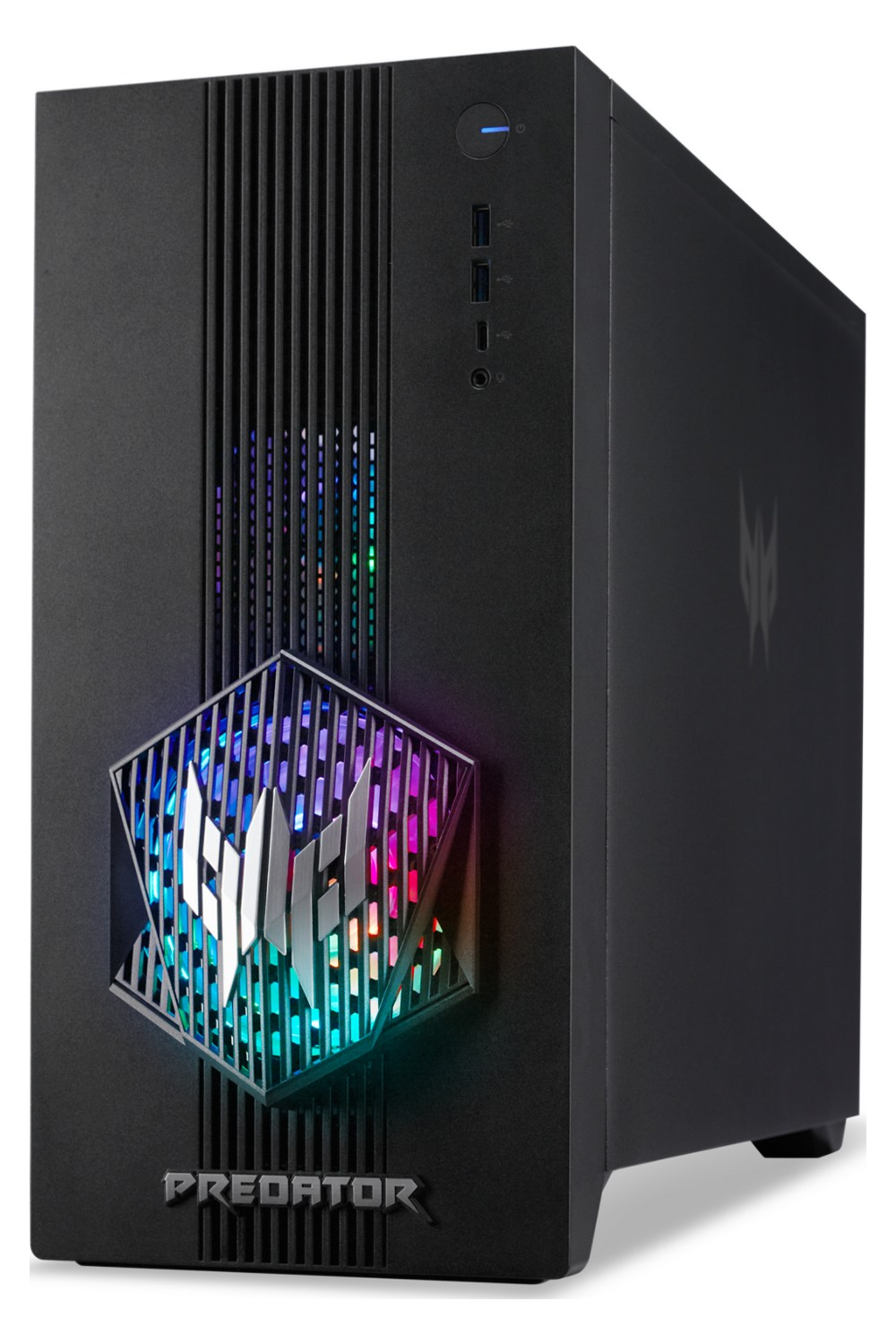 PC da gaming nero con illuminazione RGB e logo Predator.