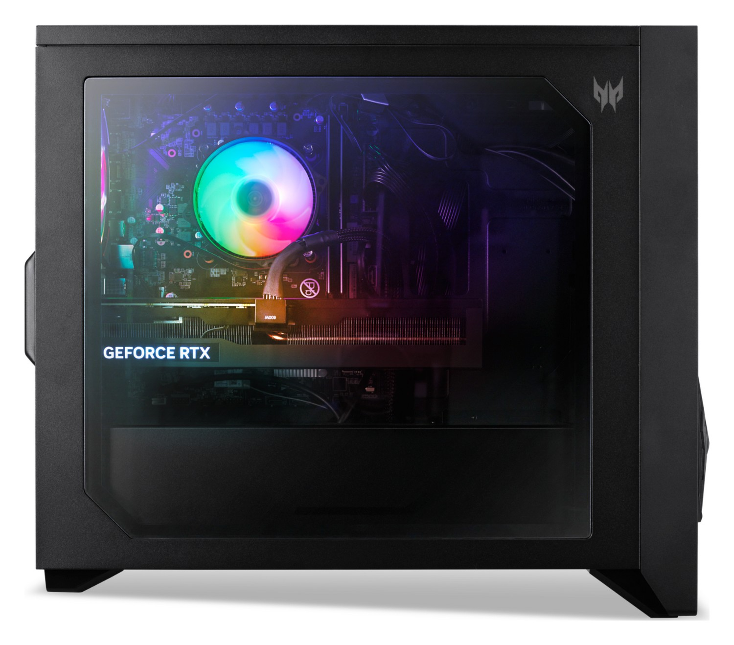 PC nero con pannello laterale in vetro, ventola RGB e scheda grafica RTX.