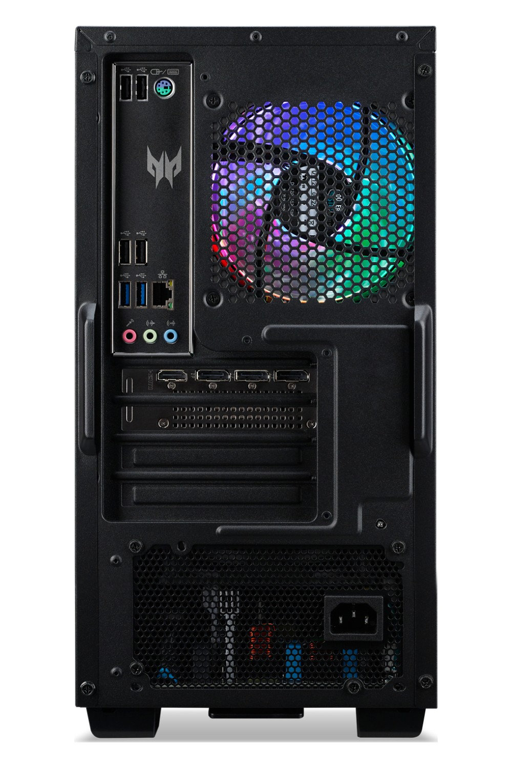 Retro di un PC nero con ventola, porte e alimentatore.