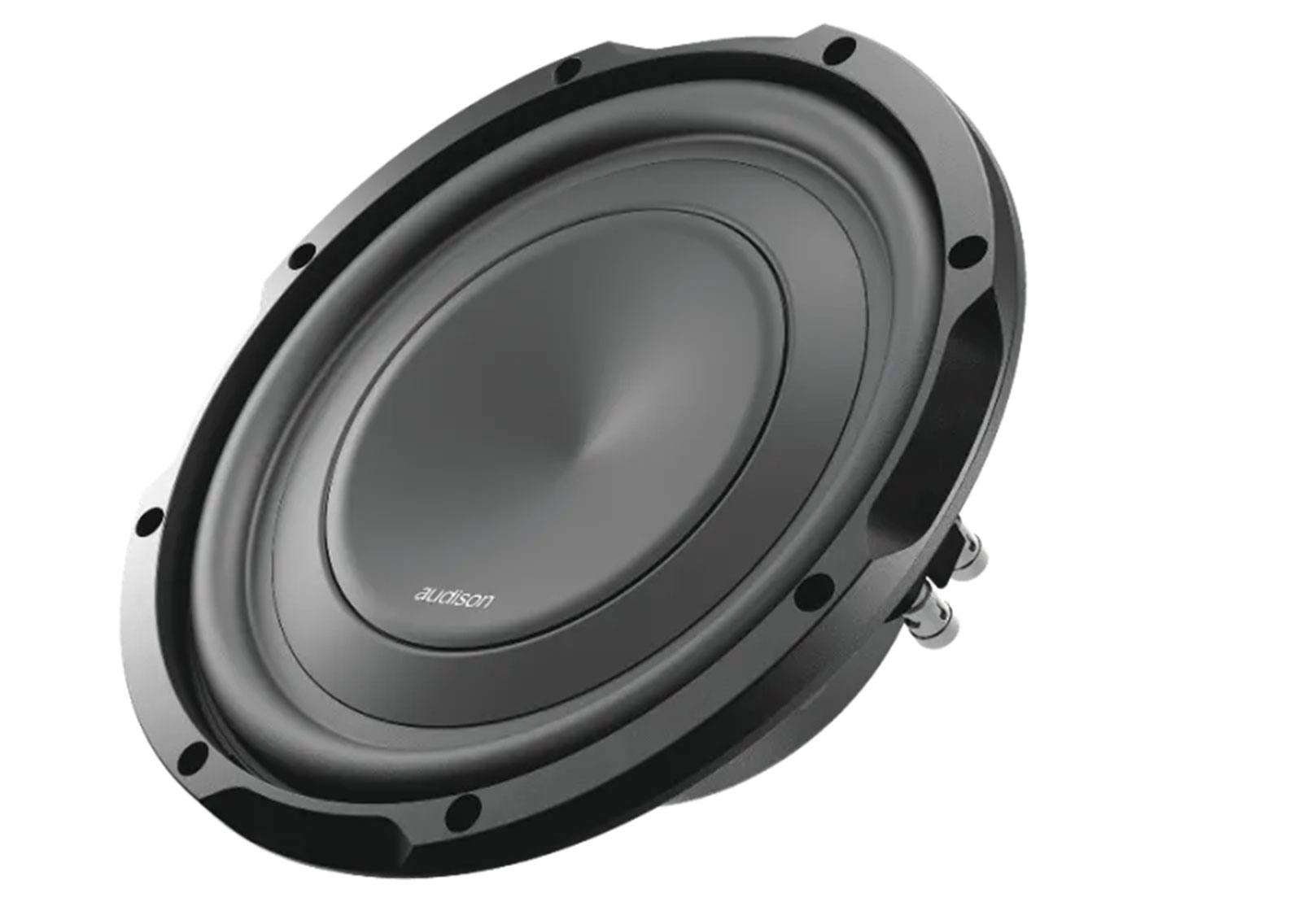 Ein schwarzer Subwoofer-Lautsprecher mit dem Audison-Logo auf dem Konus.
