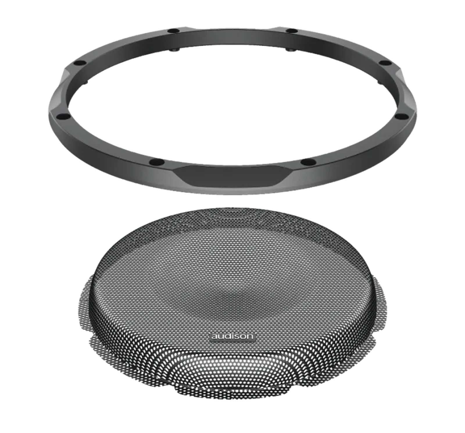 Ein schwarzer Lautsprecherring über einem schwarzen Lautsprechergrill mit dem Audison-Logo.
