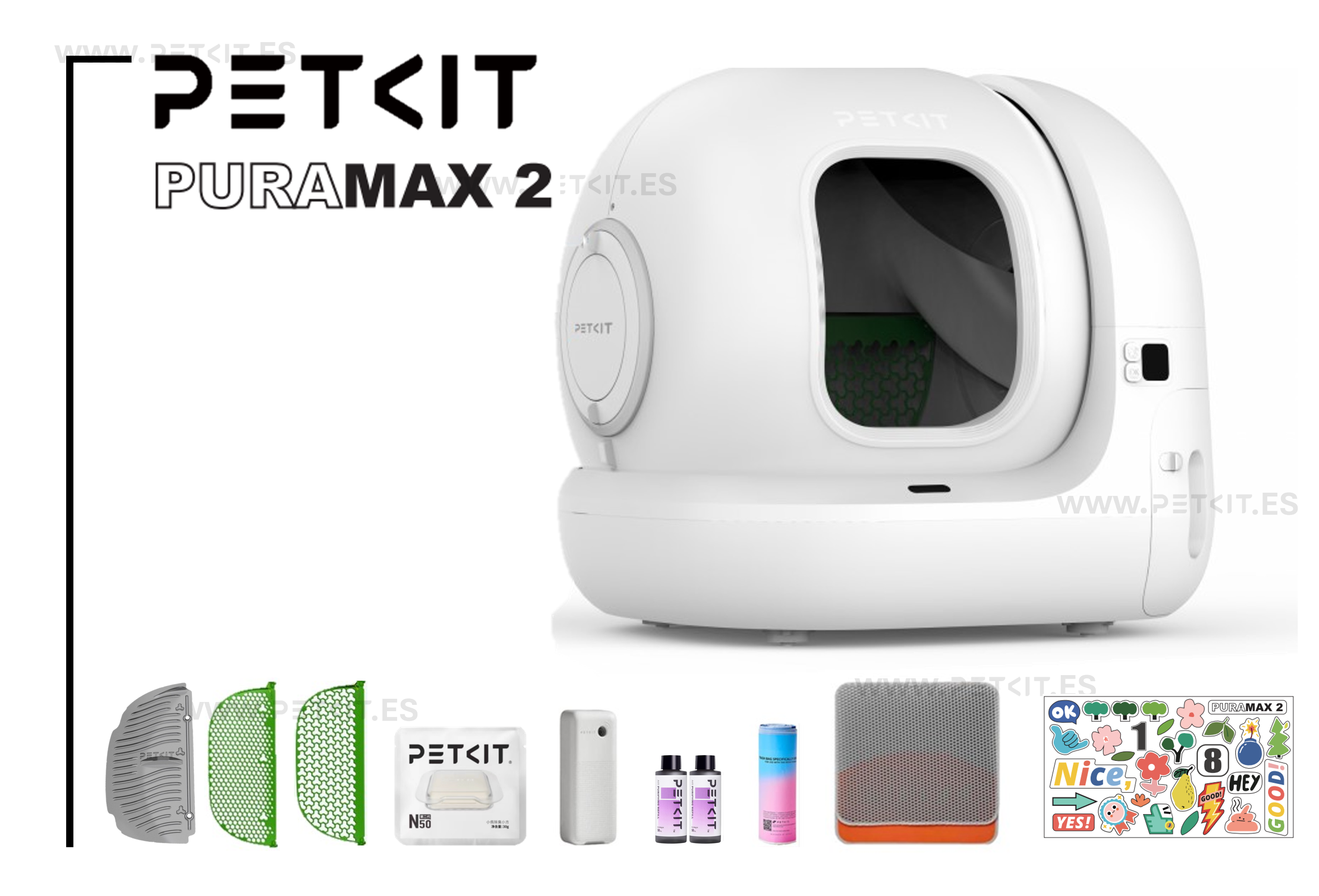Una caja de arena automática blanca con accesorios como tamices, ambientador y pegatinas.