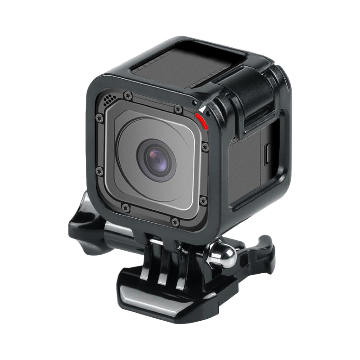 Czarna kamera akcji z mocowaniem, widok z przodu. Obszar obiektywu jest obramowany na szaro.