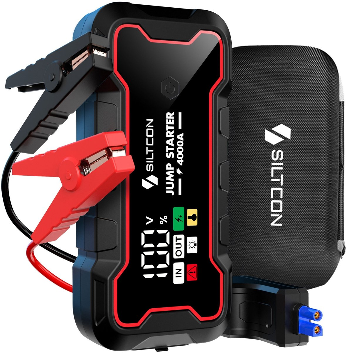 Zwarte startbooster met rode klemmen, digitaal display en stoffen tas.