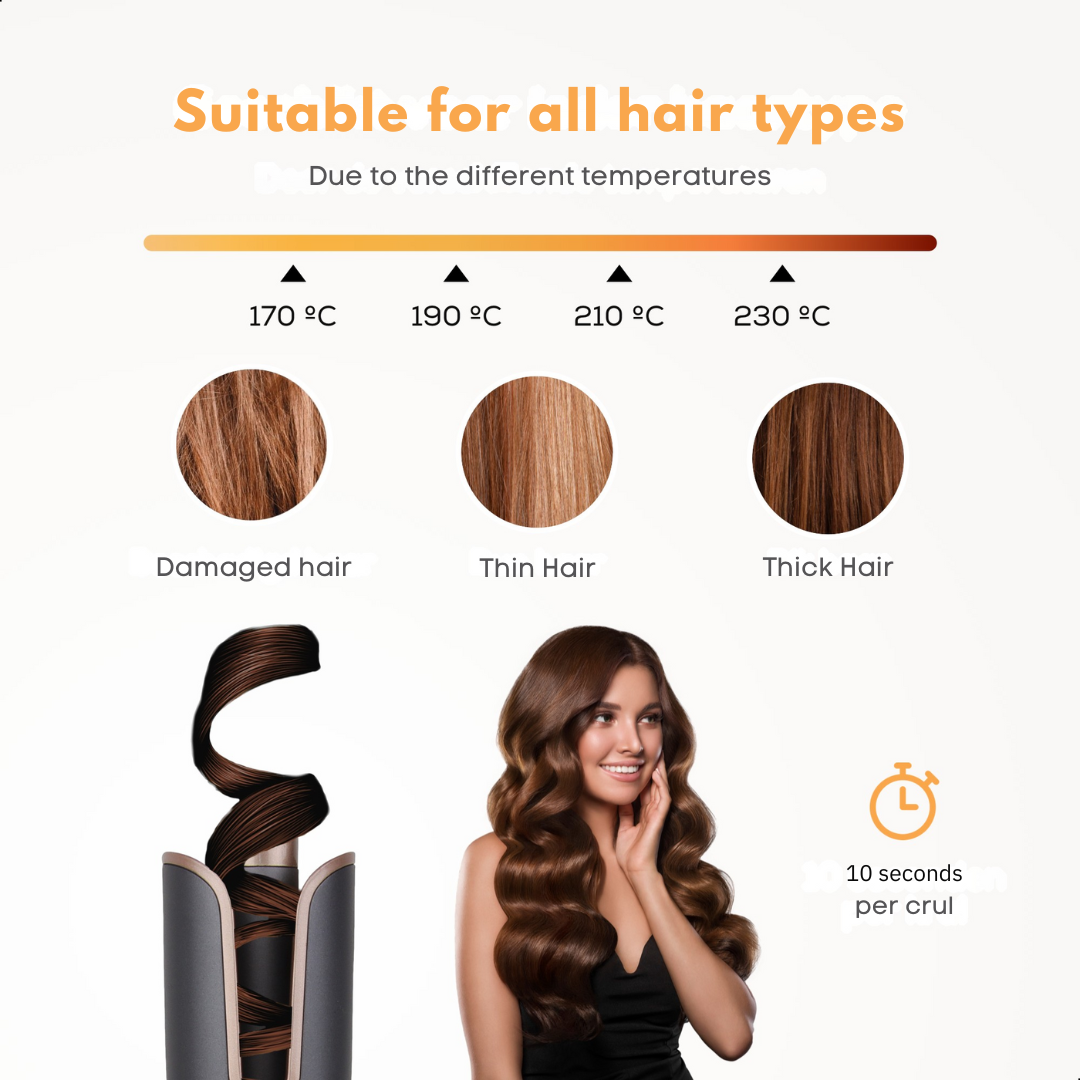 Hair styling tool with temperature settings for damaged, thin, and thick hair.