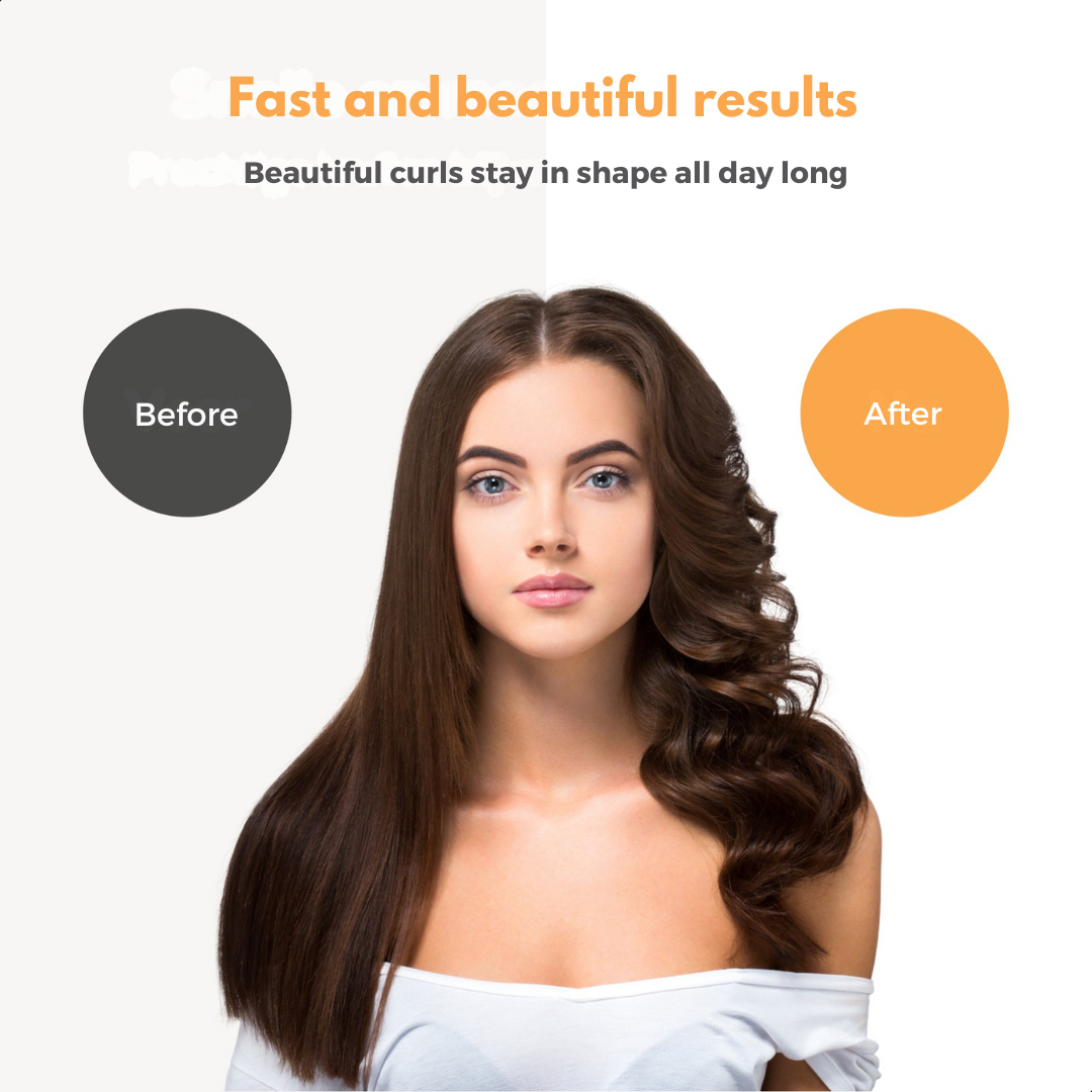 Split image: Woman's hair before (straight) and after (curled).