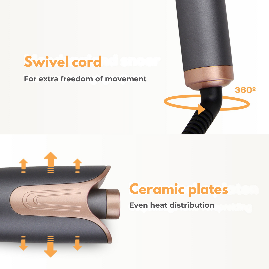 Black hair iron with 360° swivel cord and ceramic plates.