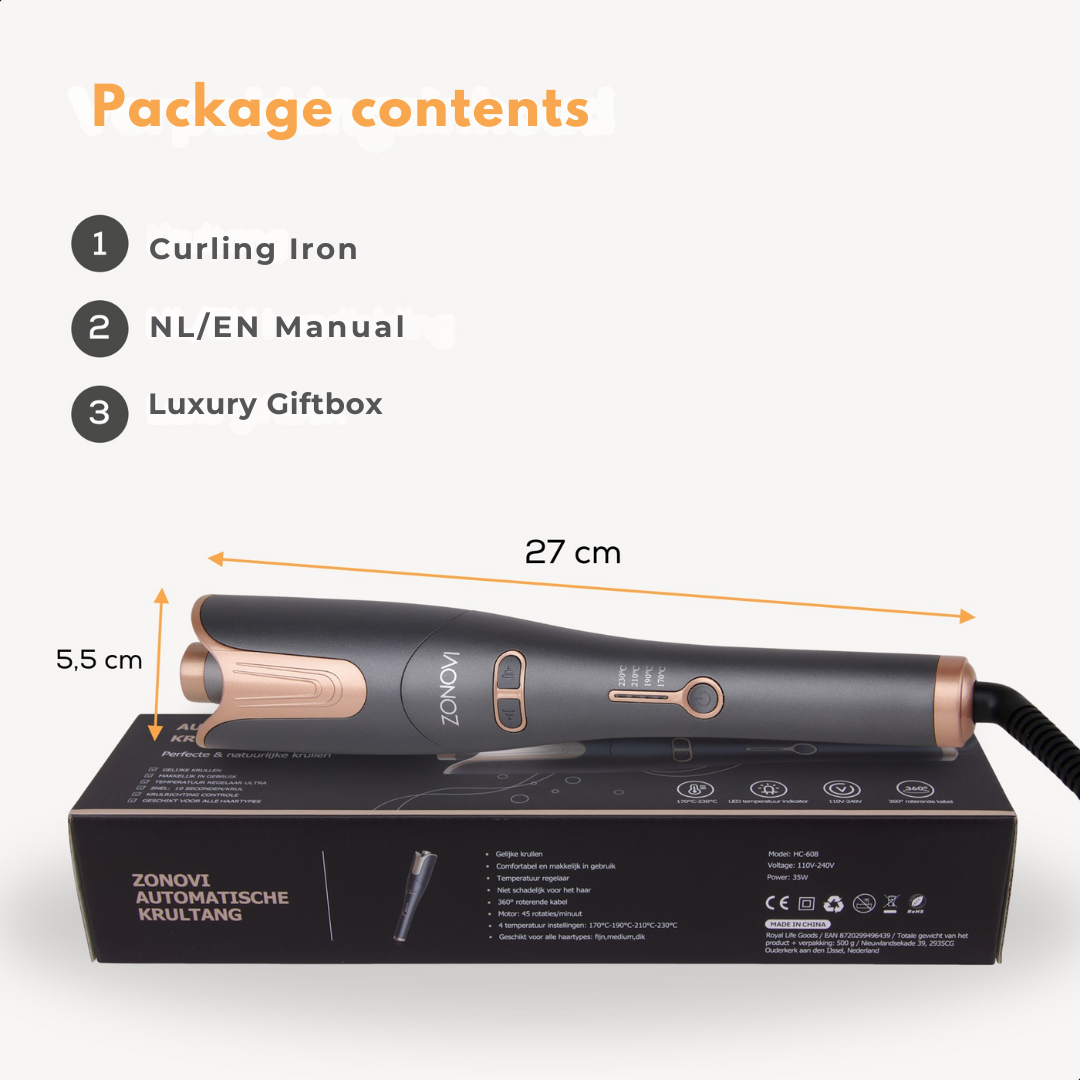 Gray curling iron with rose gold accents, 27cm long, 5.5cm wide.