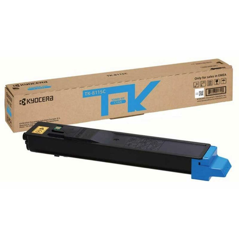 Toner Kyocera TK-8115C cyjan obok otwartego brązowego opakowania.