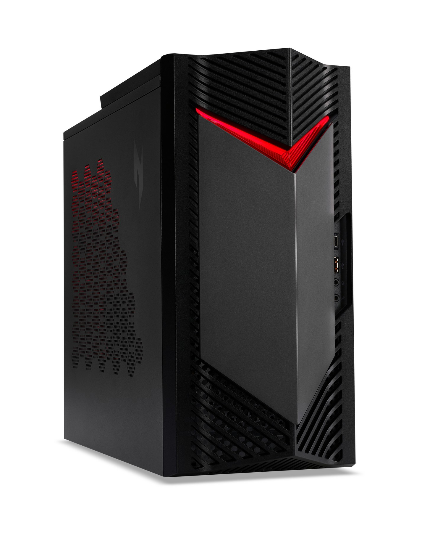 PC da gaming nero con accenti rossi e fessure di ventilazione.