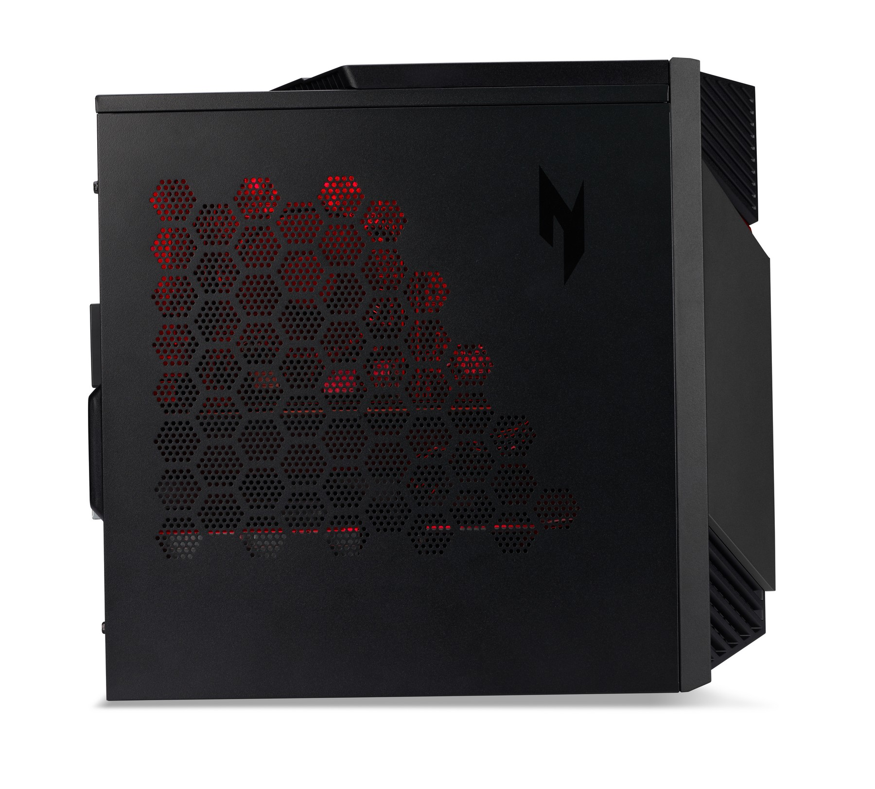 Case PC nero con illuminazione interna rossa e motivo esagonale.