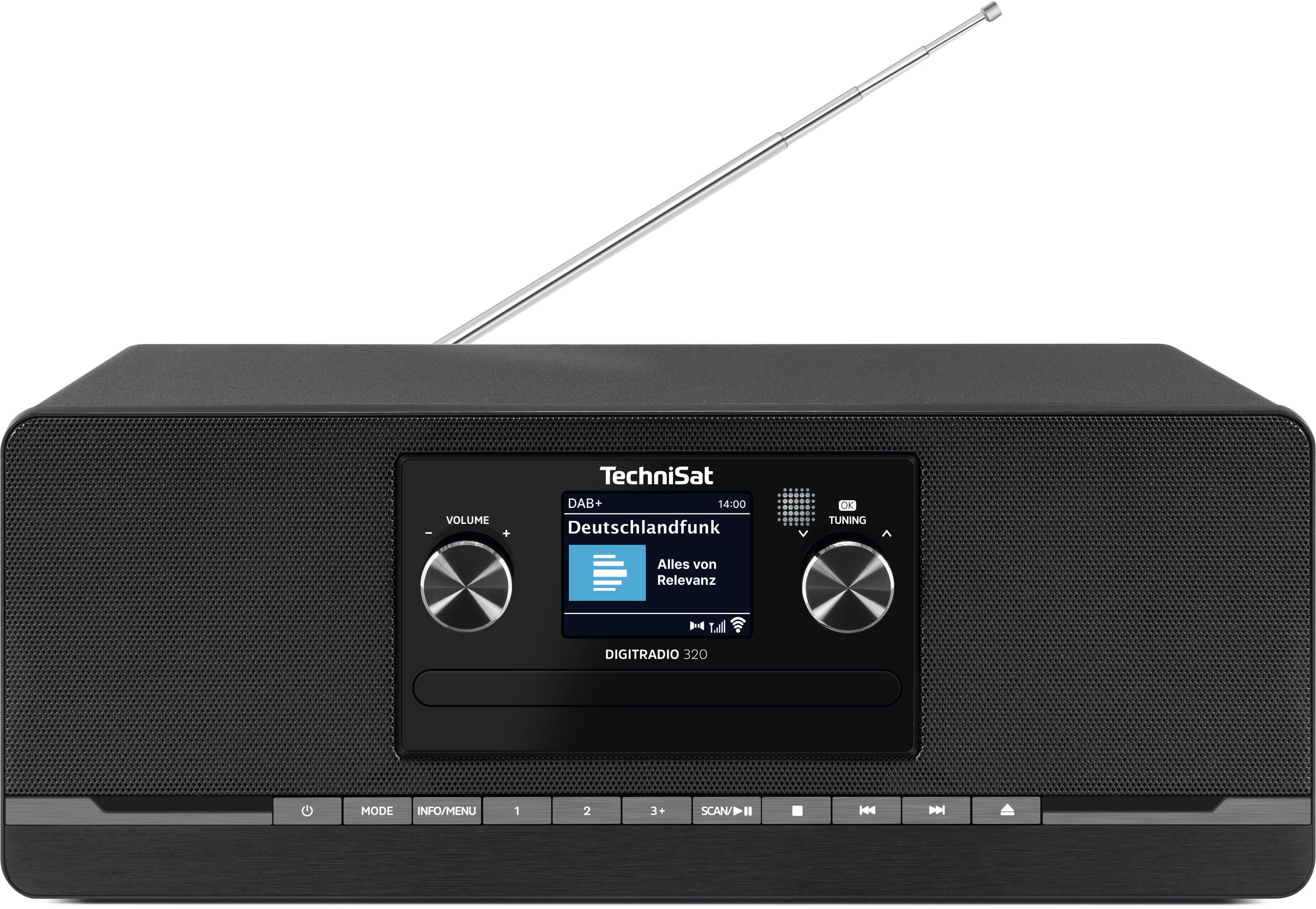 Ein schwarzes TechniSat Digitalradio mit ausgefahrenem Antennenstab und Display.