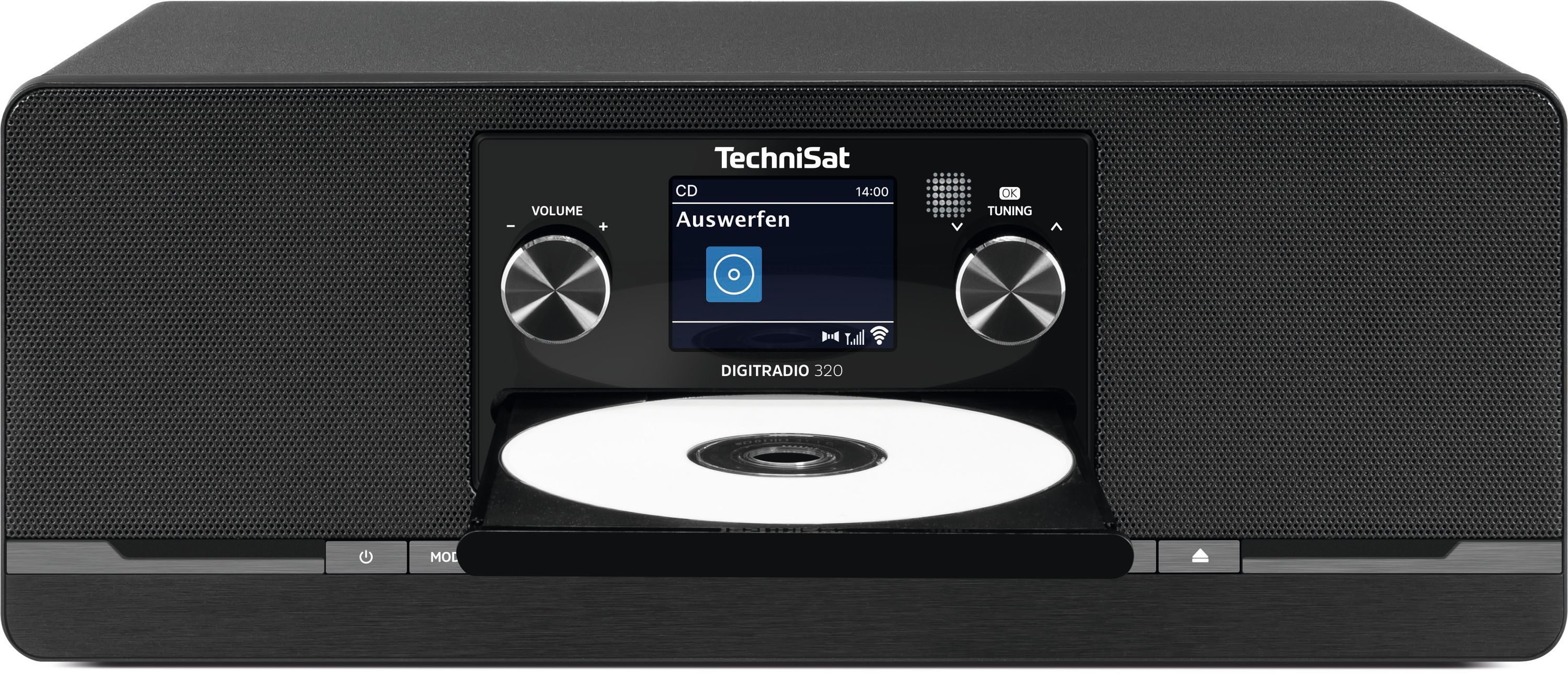 Schwarzes TechniSat Digitradio 320 mit CD-Player, Bildschirm zeigt 'Auswerfen'.