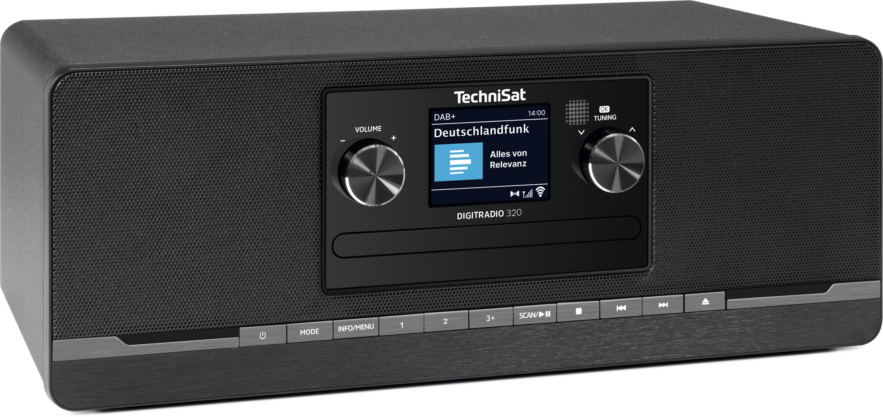 Ein schwarzes TechniSat Digitalradio mit Display, Knöpfen und Tasten.