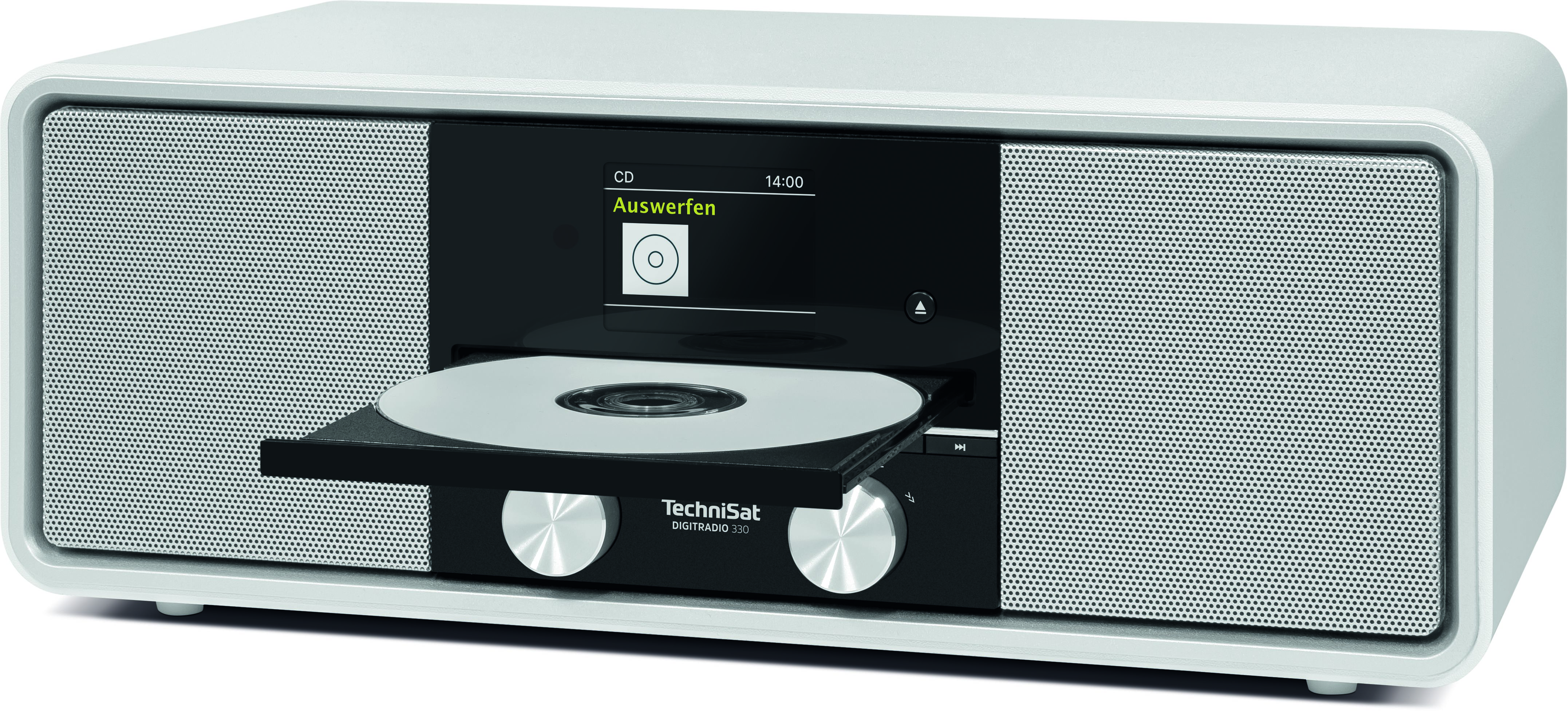 Un TechniSat Digiradio 330 blanc avec tiroir CD sorti et CD insérée.