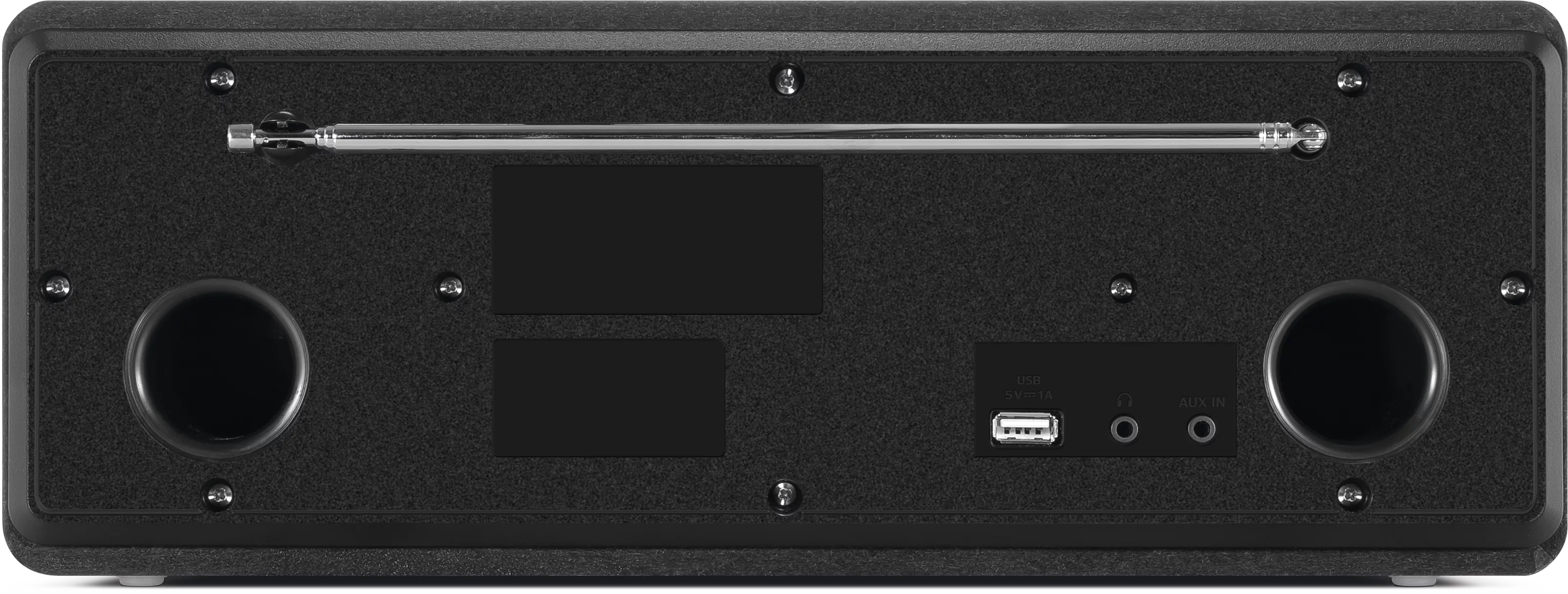 Rückseite eines schwarzen Radios mit ausziehbarer Antenne, Lautsprechern und Anschlüssen.
