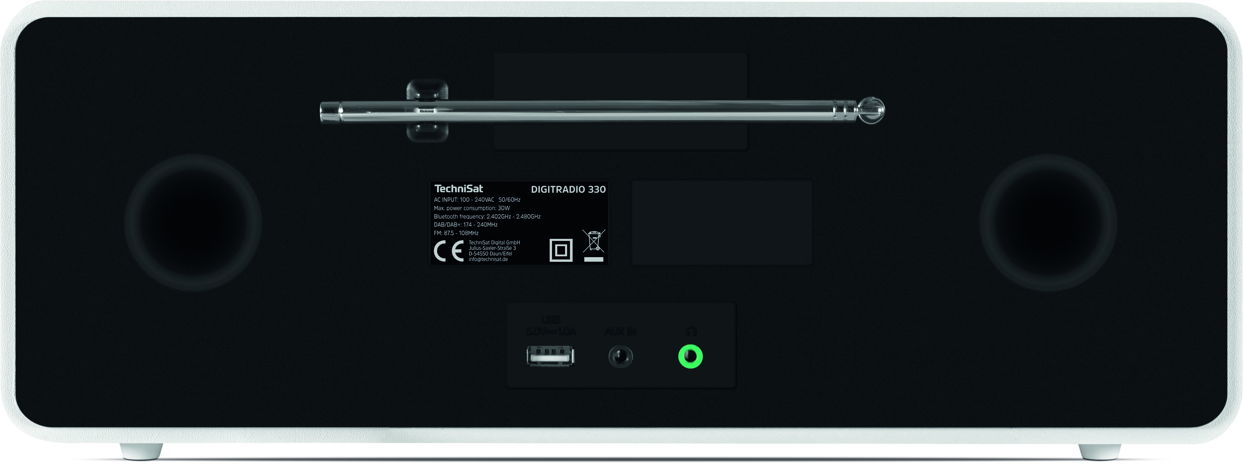 Arrière d'un TechniSat Digitradio 330 noir avec antenne rétractable, ports USB et AUX.
