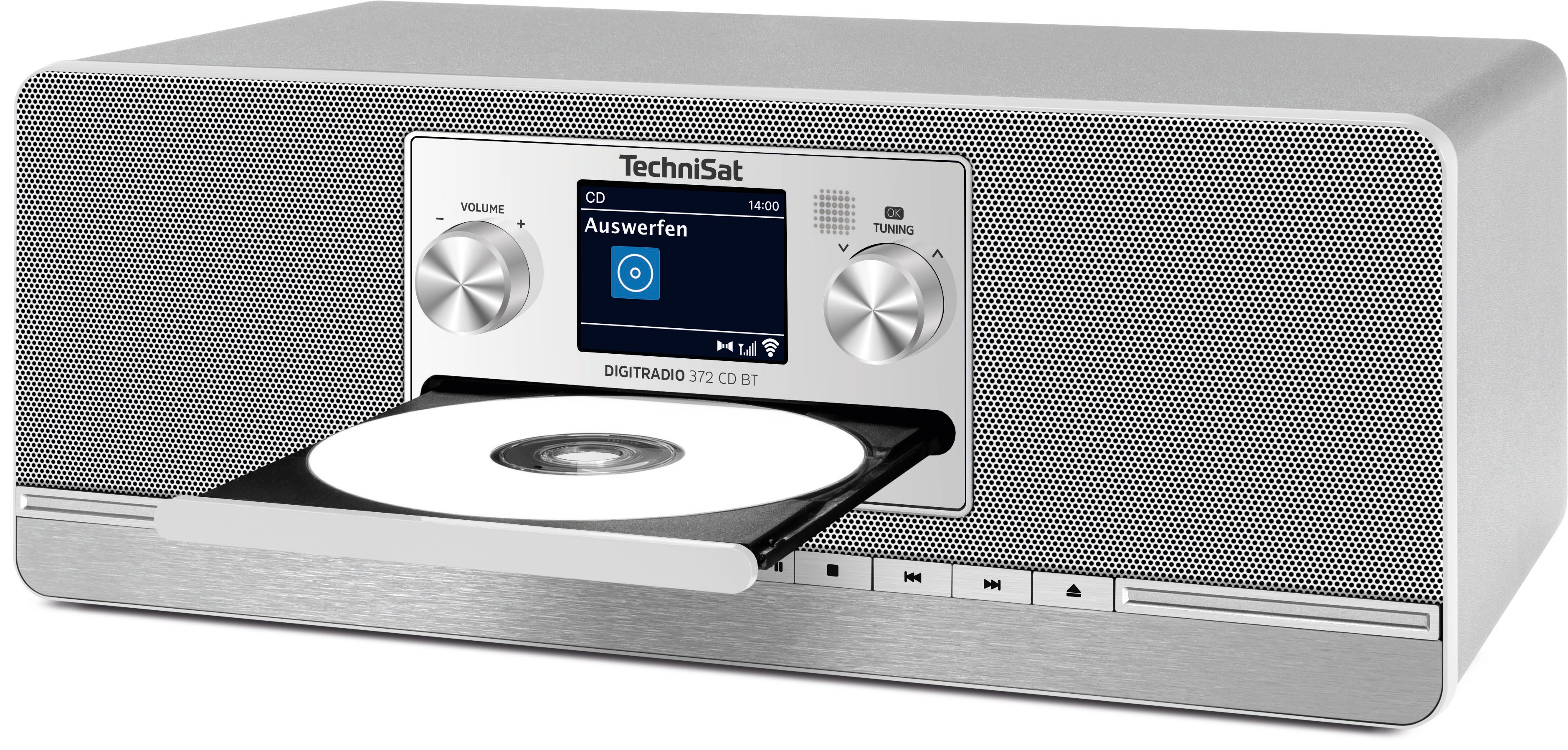 Un TechniSat Digiradio argentato con il cassetto CD esteso e un CD.