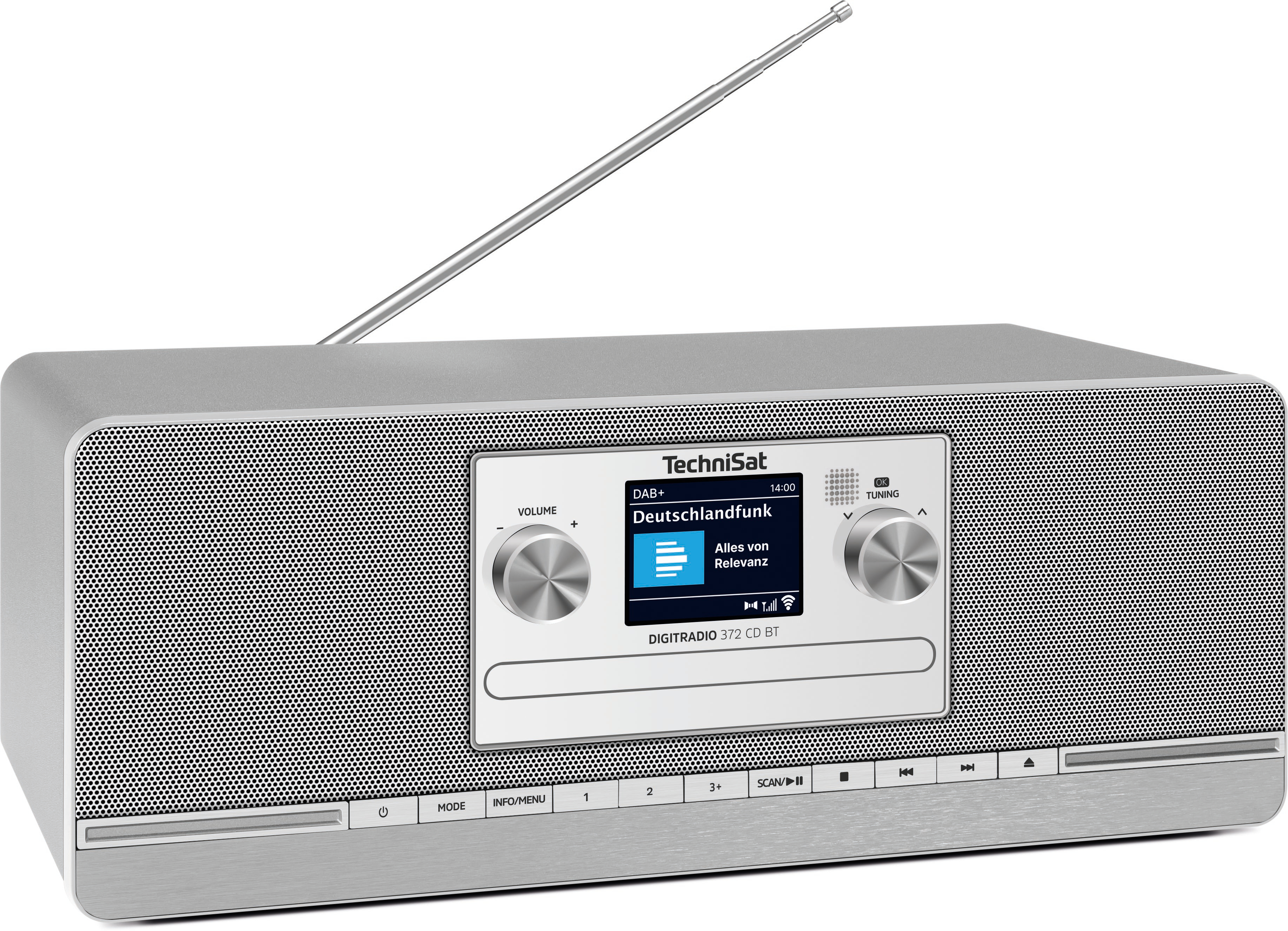 Radio digitale TechniSat argentata con antenna estensibile e schermo LCD.