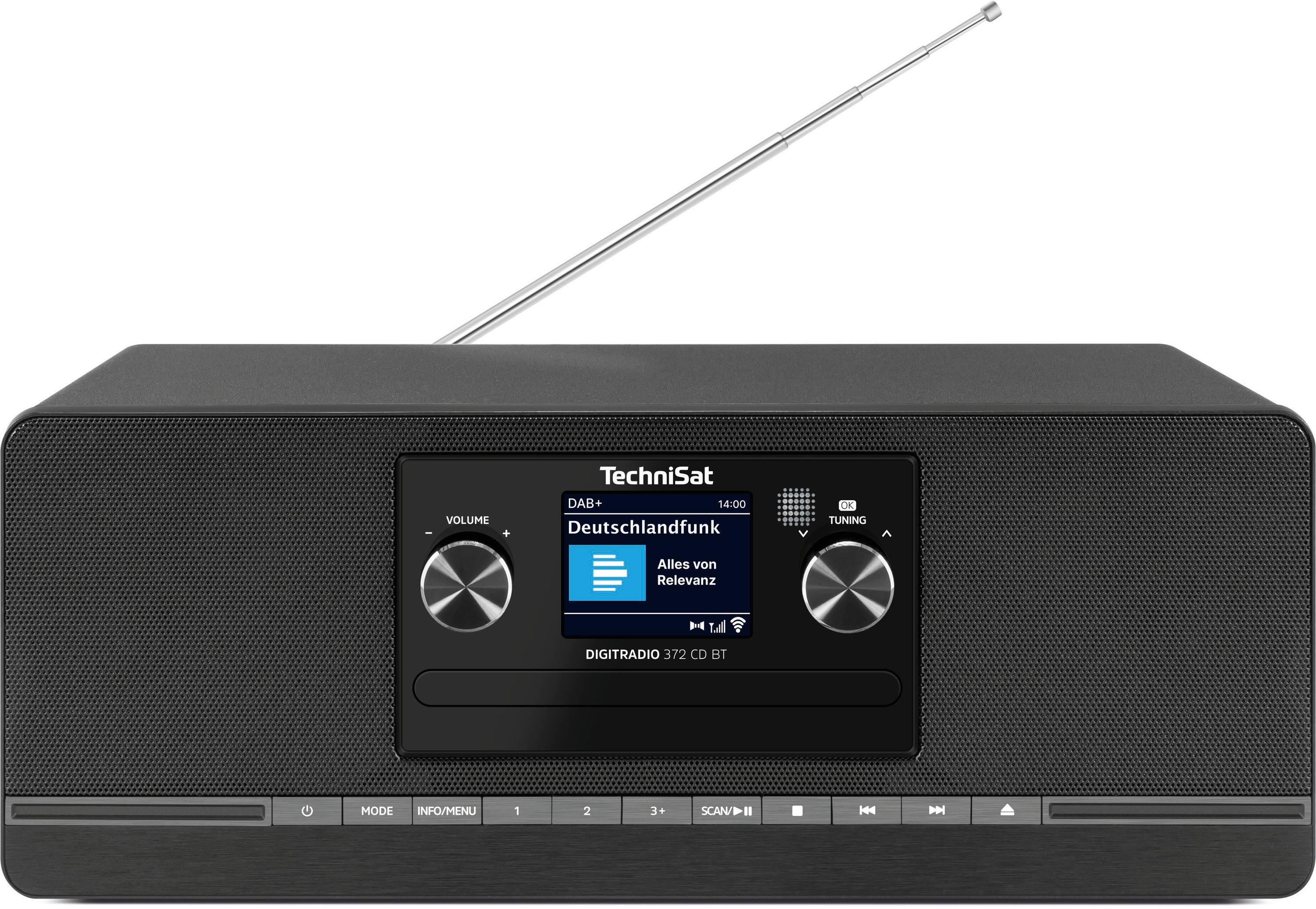 Una radio digitale TechniSat nera con antenna estesa e display acceso.