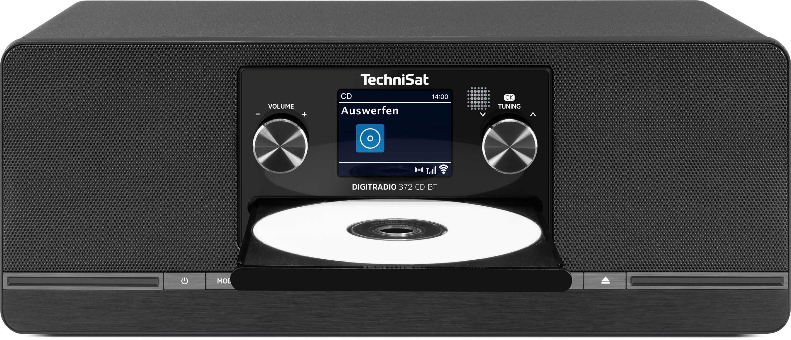 Una radio digitale TechniSat nera con slot CD e un CD in espulsione.