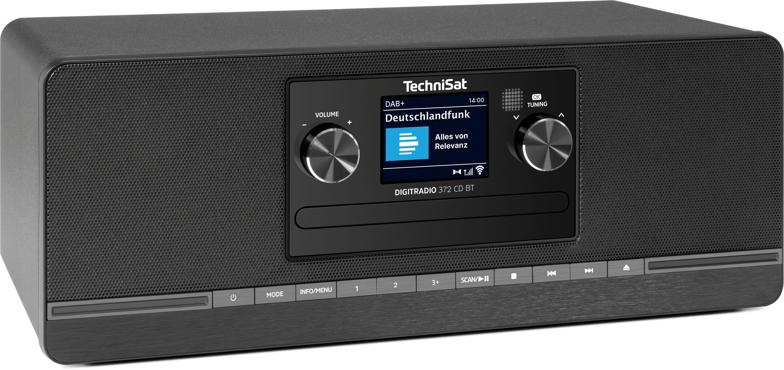 Un TechniSat Digiradio 372 CD BT nero con display e manopole di controllo.