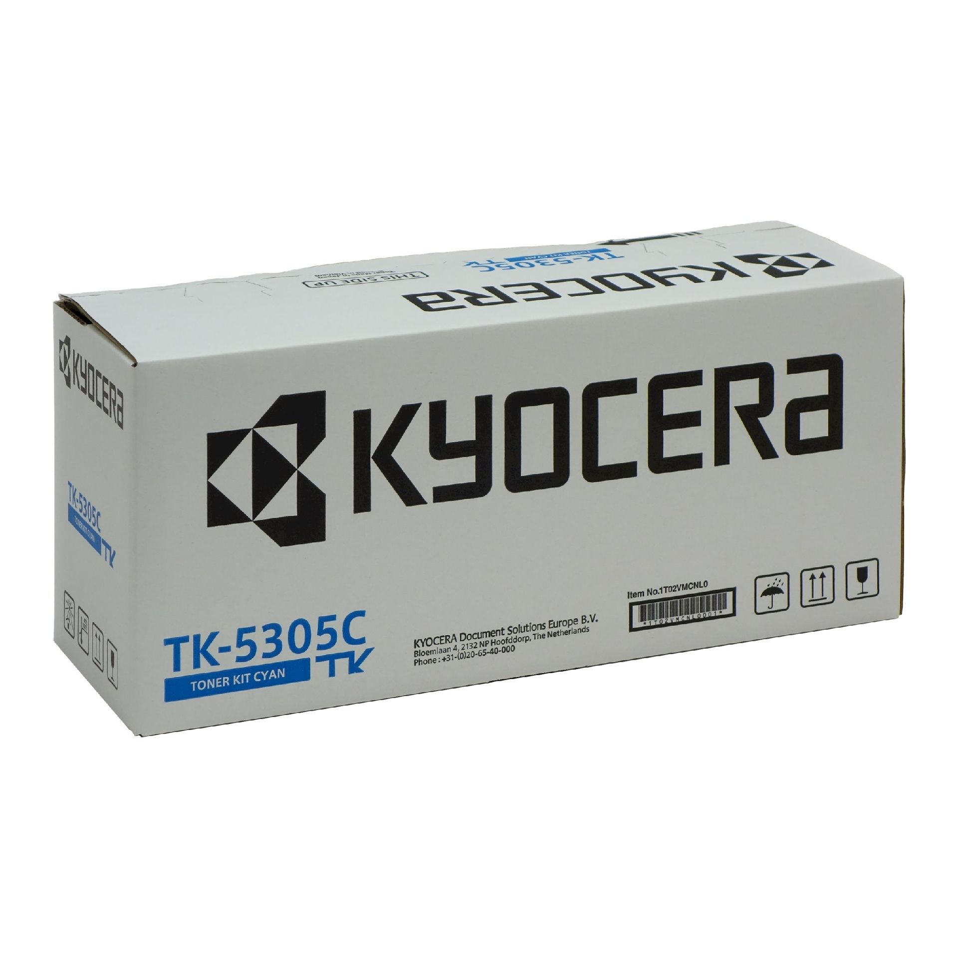 Weiße Kyocera-Box mit TK-5305C Toner für Cyan, auf der Seite aufrecht stehend.