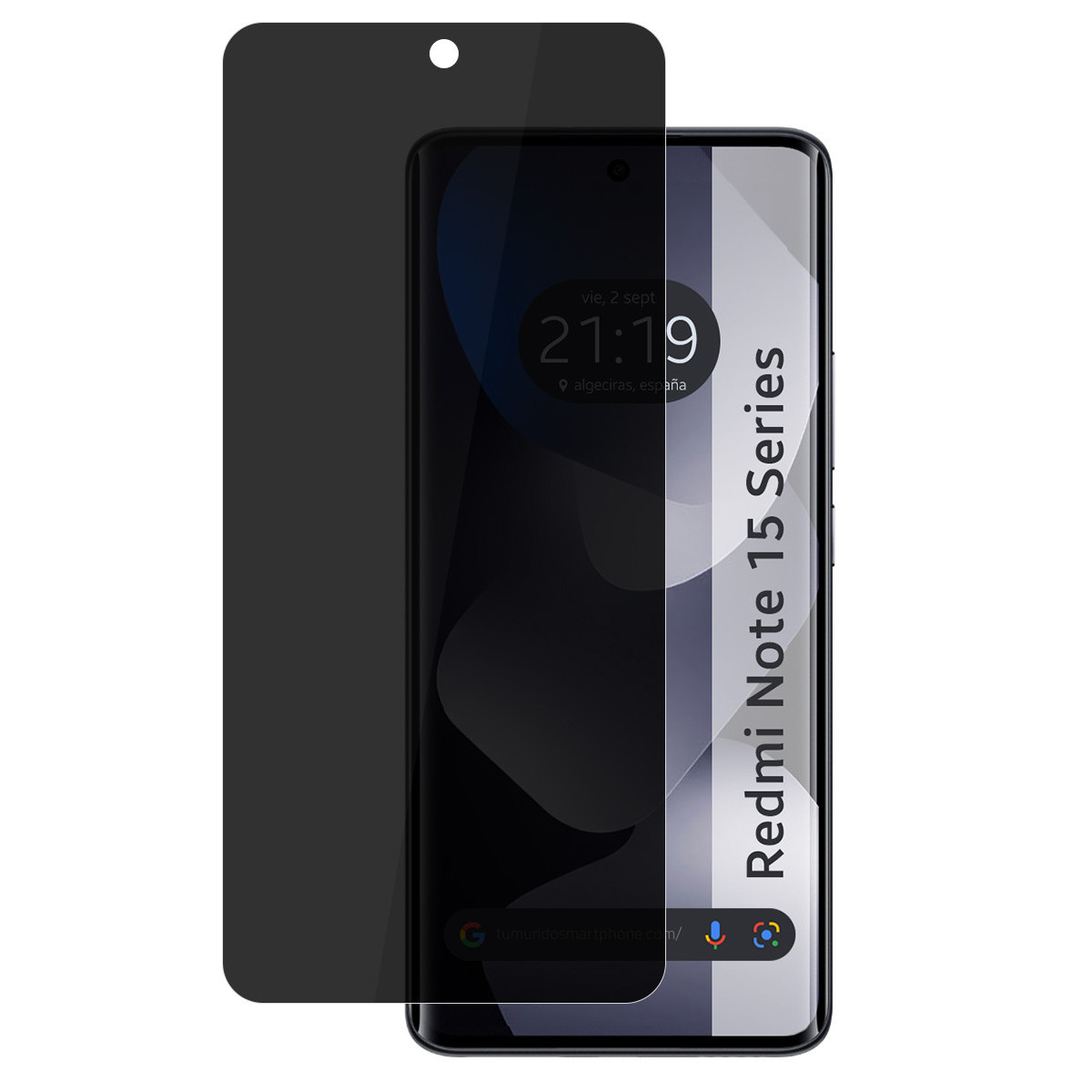 Una protezione scura copre uno smartphone che mostra le 21:19.
