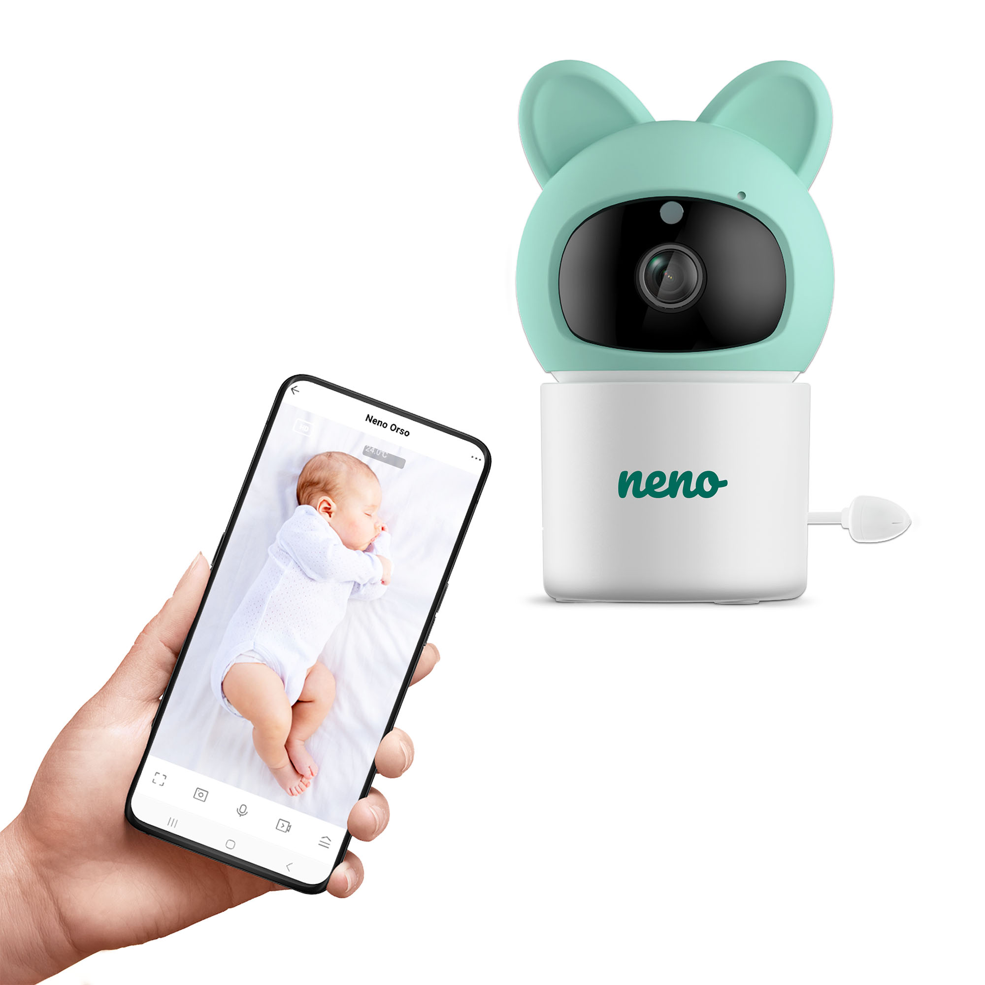 Ein Babyphone mit Kamera und ein Smartphone, das ein Baby zeigt.