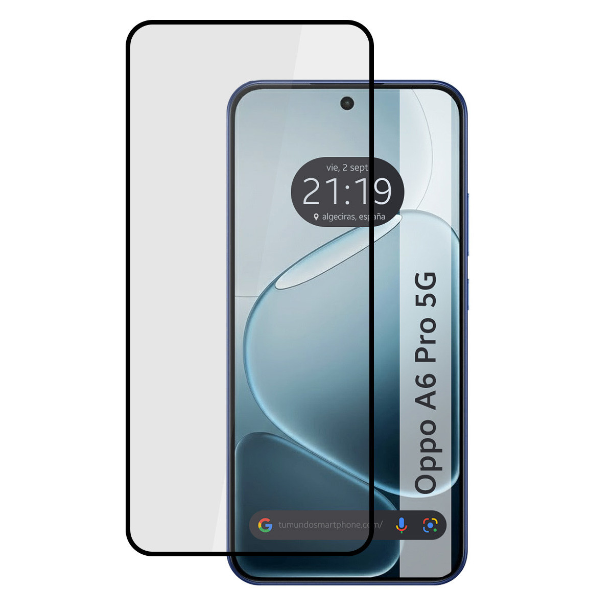 Protezione schermo su smartphone blu con cornice nera.