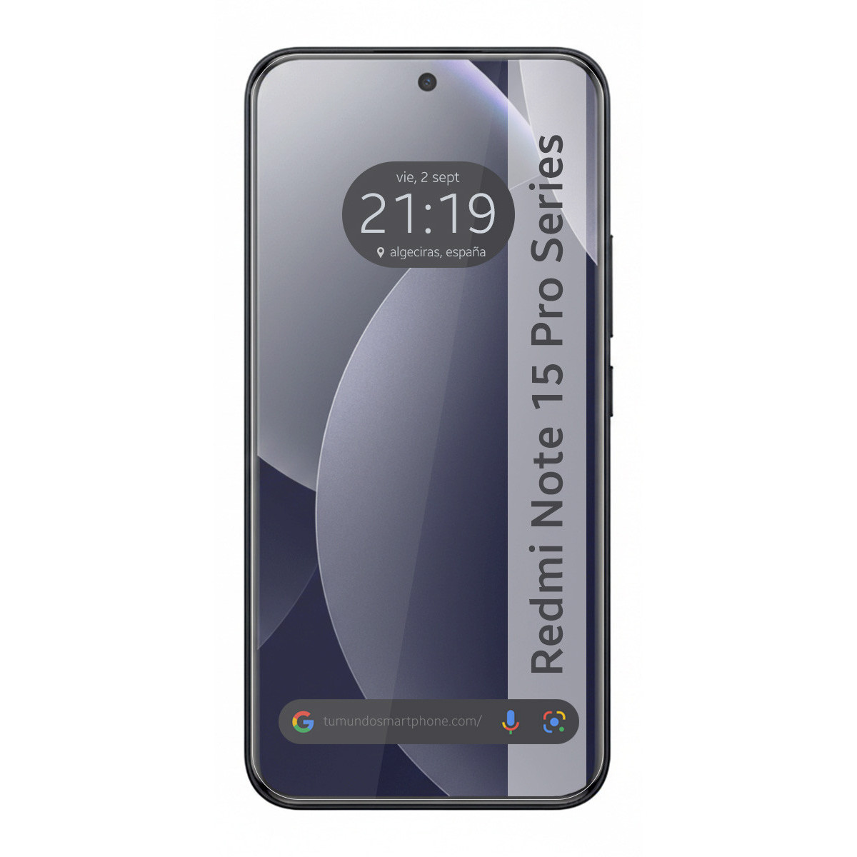 Uno smartphone moderno mostra l'ora 21:19, Algeciras, Spagna e "Redmi Note 15 Pro Series".