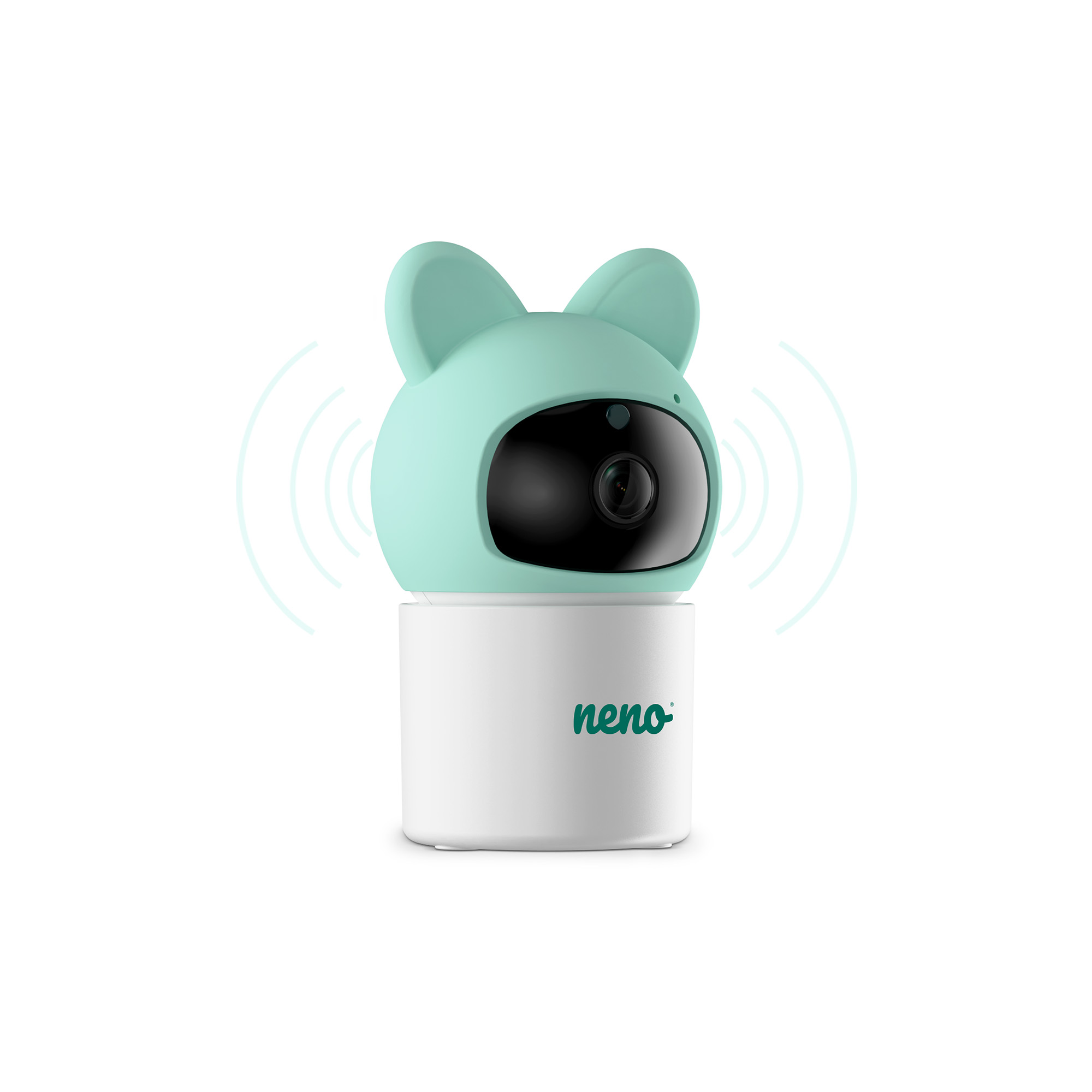 Ein mintgrüner Babyfon mit Katzenohren und Neno-Logo.