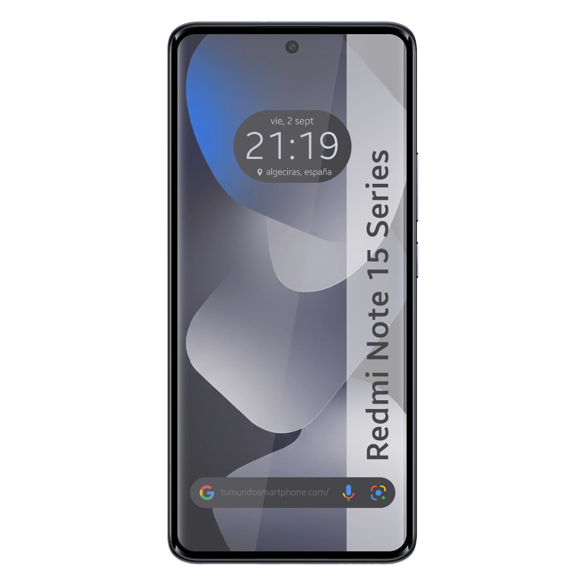 Un smartphone muestra las 21:19, Algeciras, España y el texto Redmi Note 15 Series.