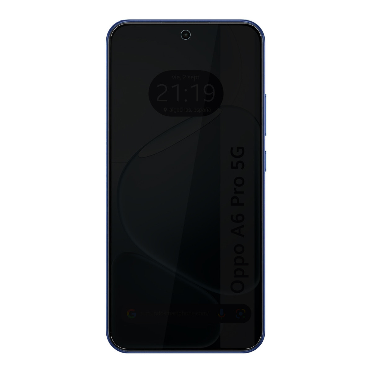 Teléfono inteligente azul con pantalla oscura que muestra las 21:19.