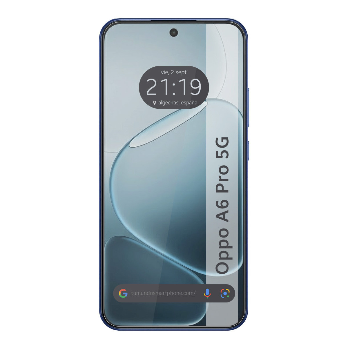 Un smartphone Oppo A6 Pro 5G azul muestra la hora 21:19 y la ubicación Algeciras, España.