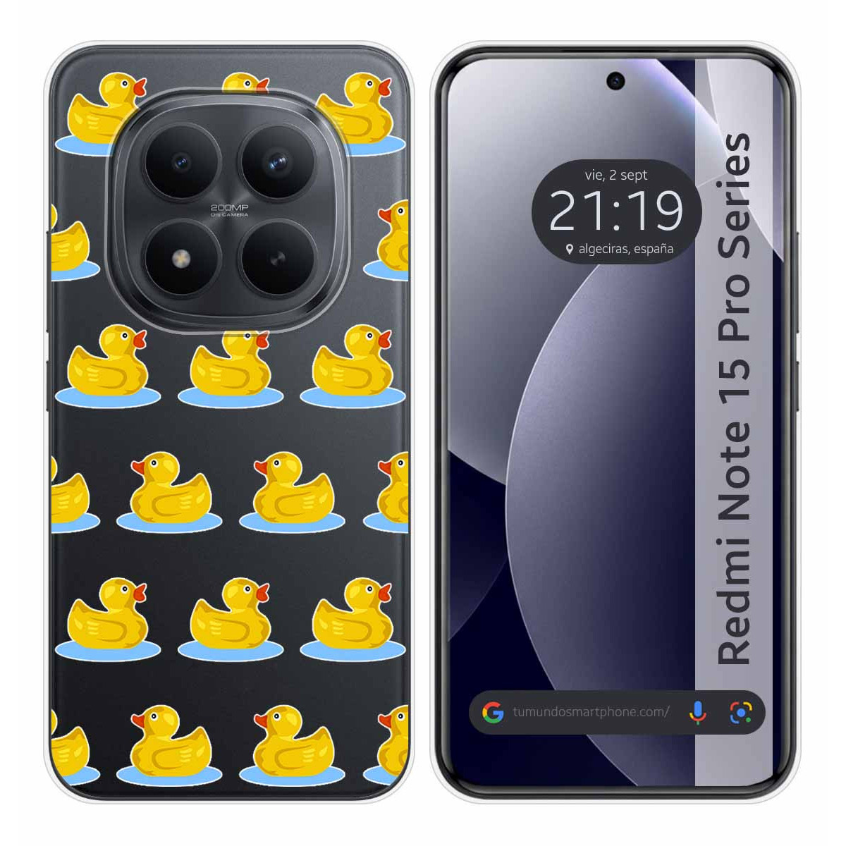 Un smartphone con un patrón de patos de goma y un reloj en la pantalla.