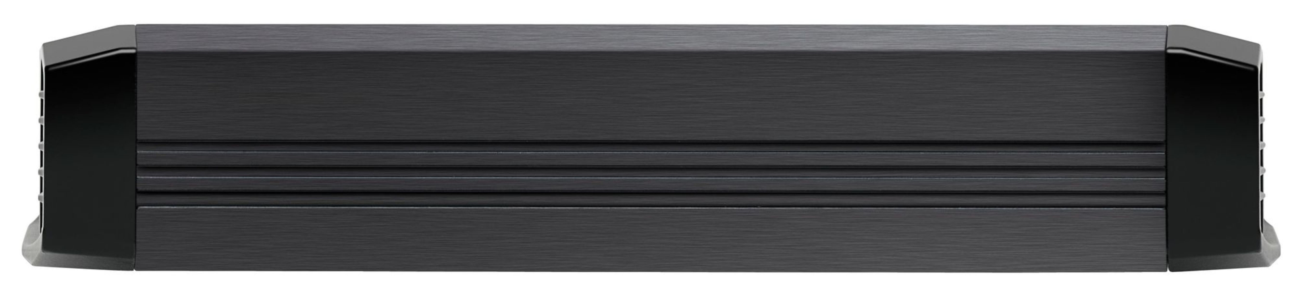 Schwarzes, gebürstetes Metallgehäuse mit Rillen und schwarzen Ecken.