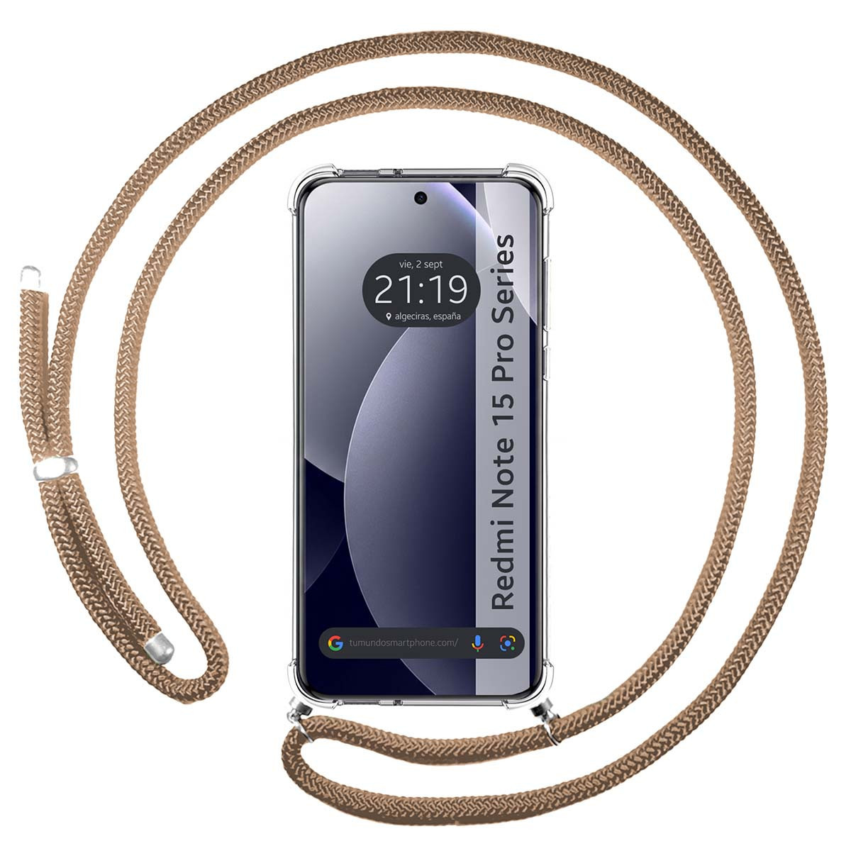 Uno smartphone in custodia trasparente con tracolla marrone.