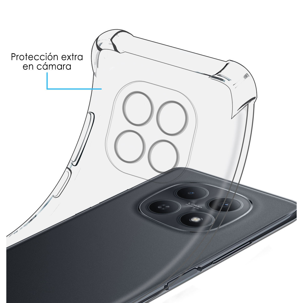 Custodia trasparente su telefono nero, con quattro fotocamere.