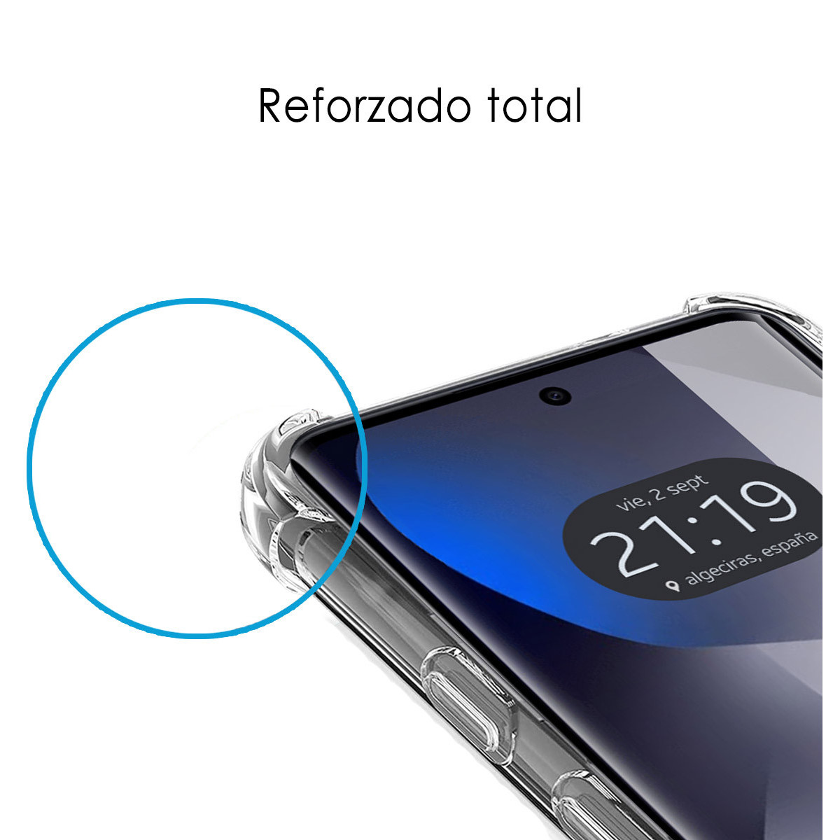 Cover trasparente per telefono mostra angoli rinforzati e orario.