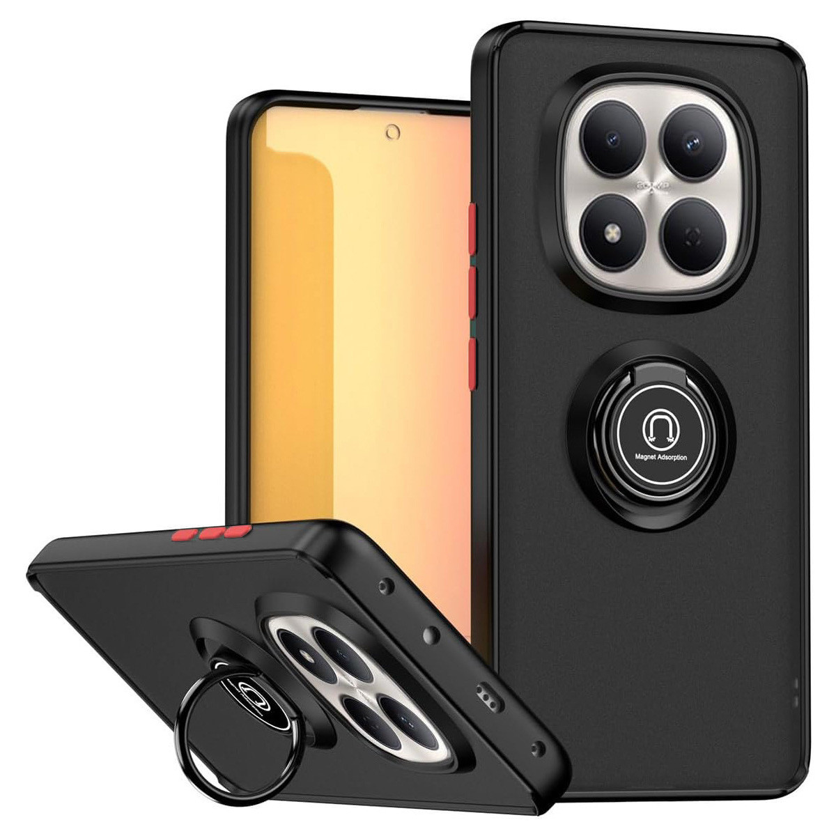 Funda negra para teléfono con soporte de anillo y recorte de cámara cuádruple.