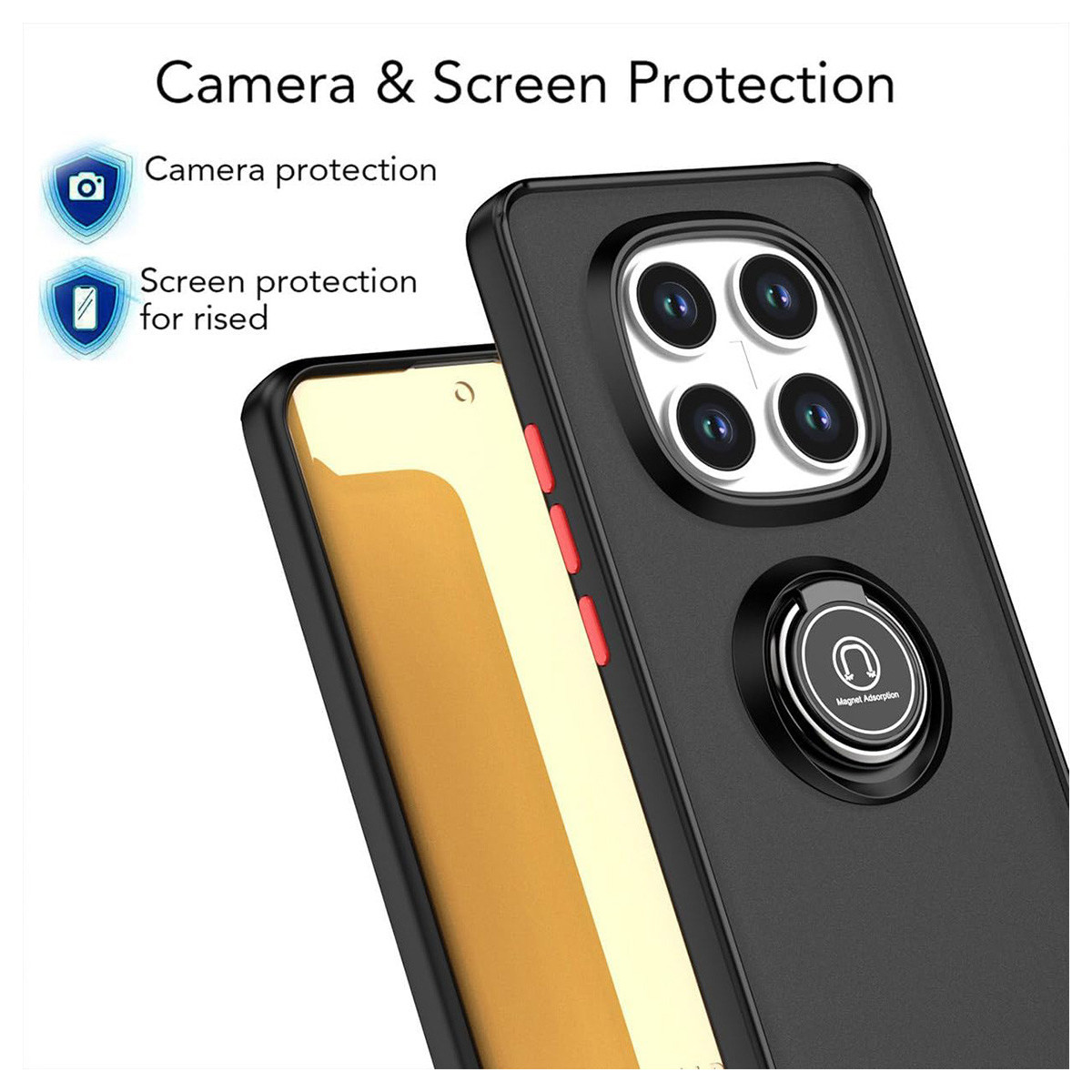 Funda de teléfono negra con recorte de cámara y soporte de anillo trasero.