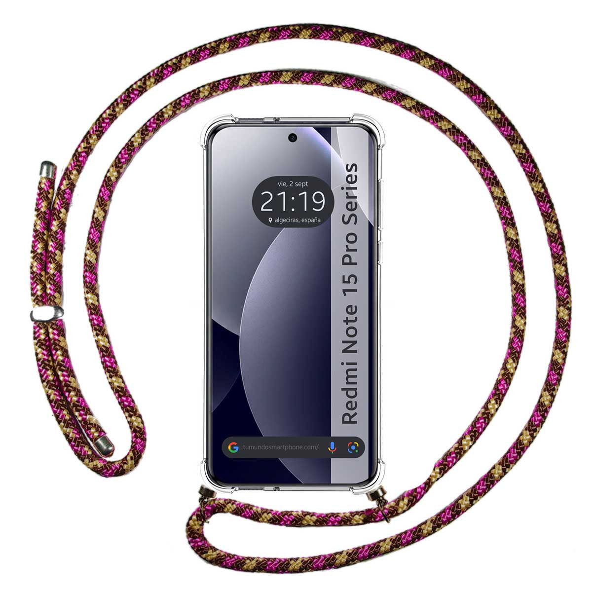 Uno smartphone in una custodia trasparente con un cordone colorato avvolto.